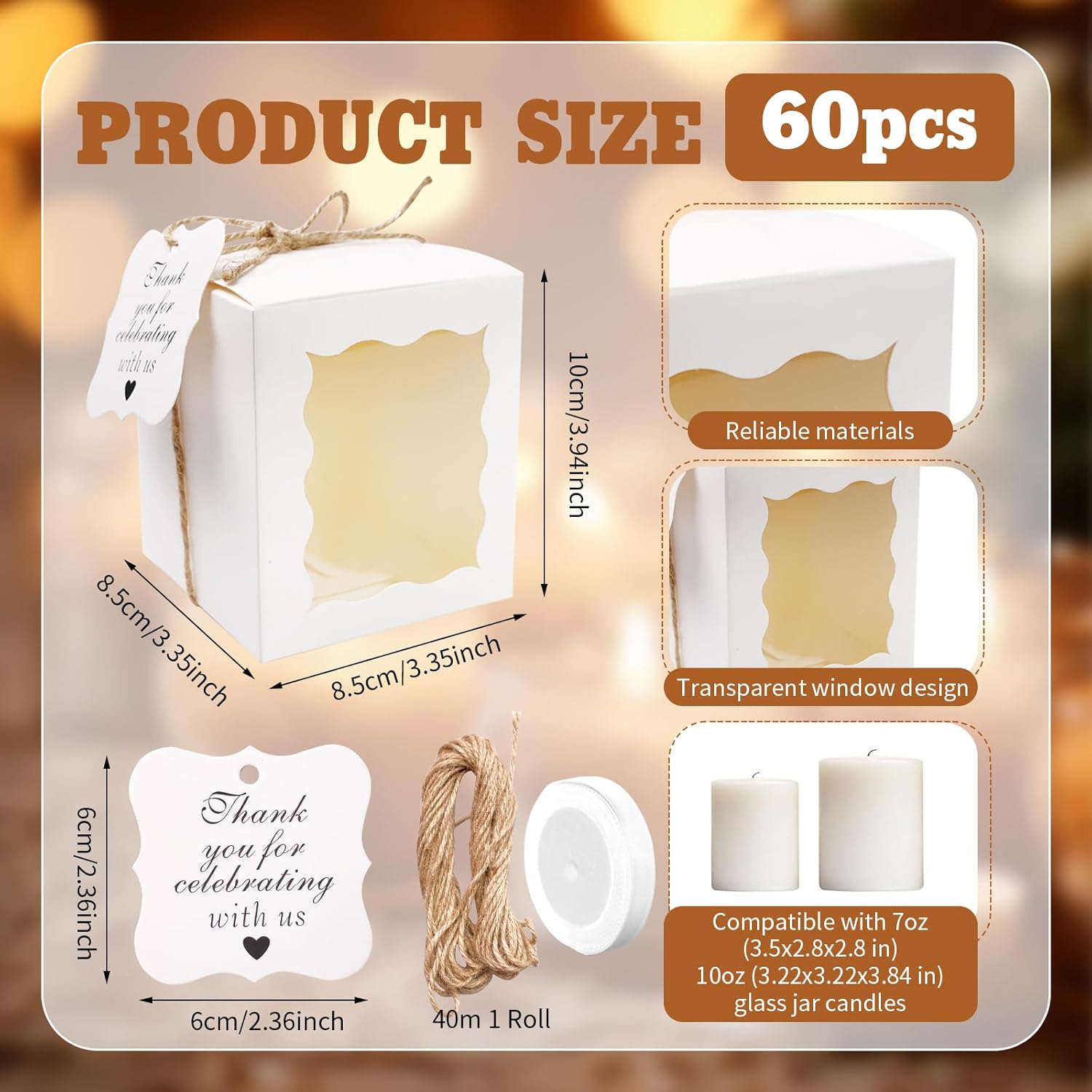 TANEMUDO 60 Piece Candle Gift Box with Clear Window White
