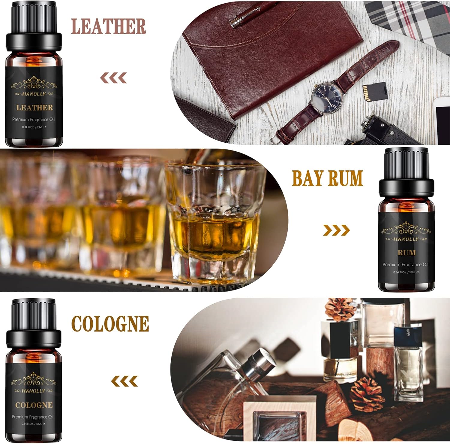 Mens Essential Oils Set 6x10ML - Sandalwood Cedar Leather Sweet Tobacco Rum Cologne