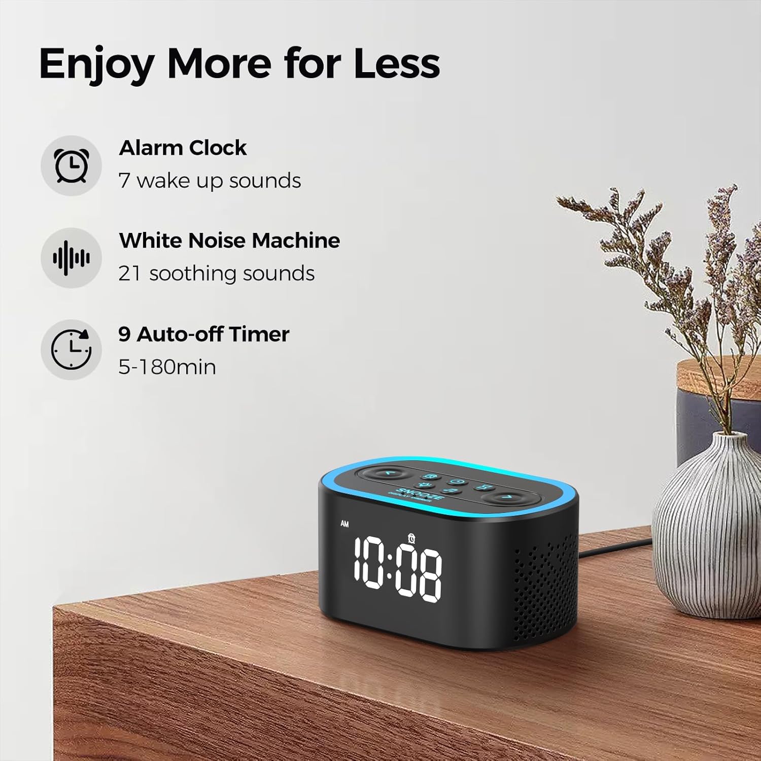 Reacher Digital Alarm Clock with White Noise and Night Light