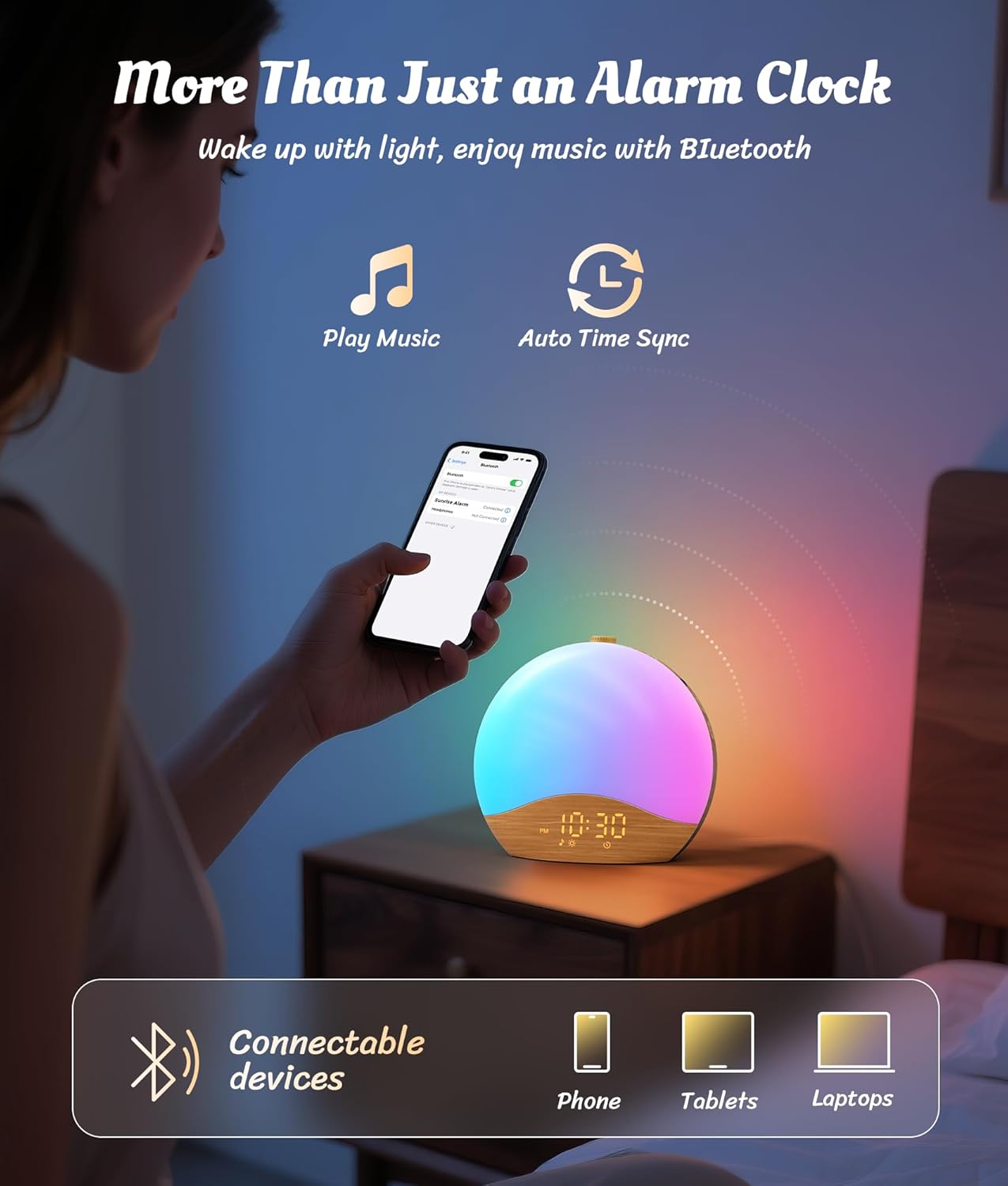 ecozy Wood Grain Sunrise Alarm Clock with 26 Sounds and 17 Night Lights