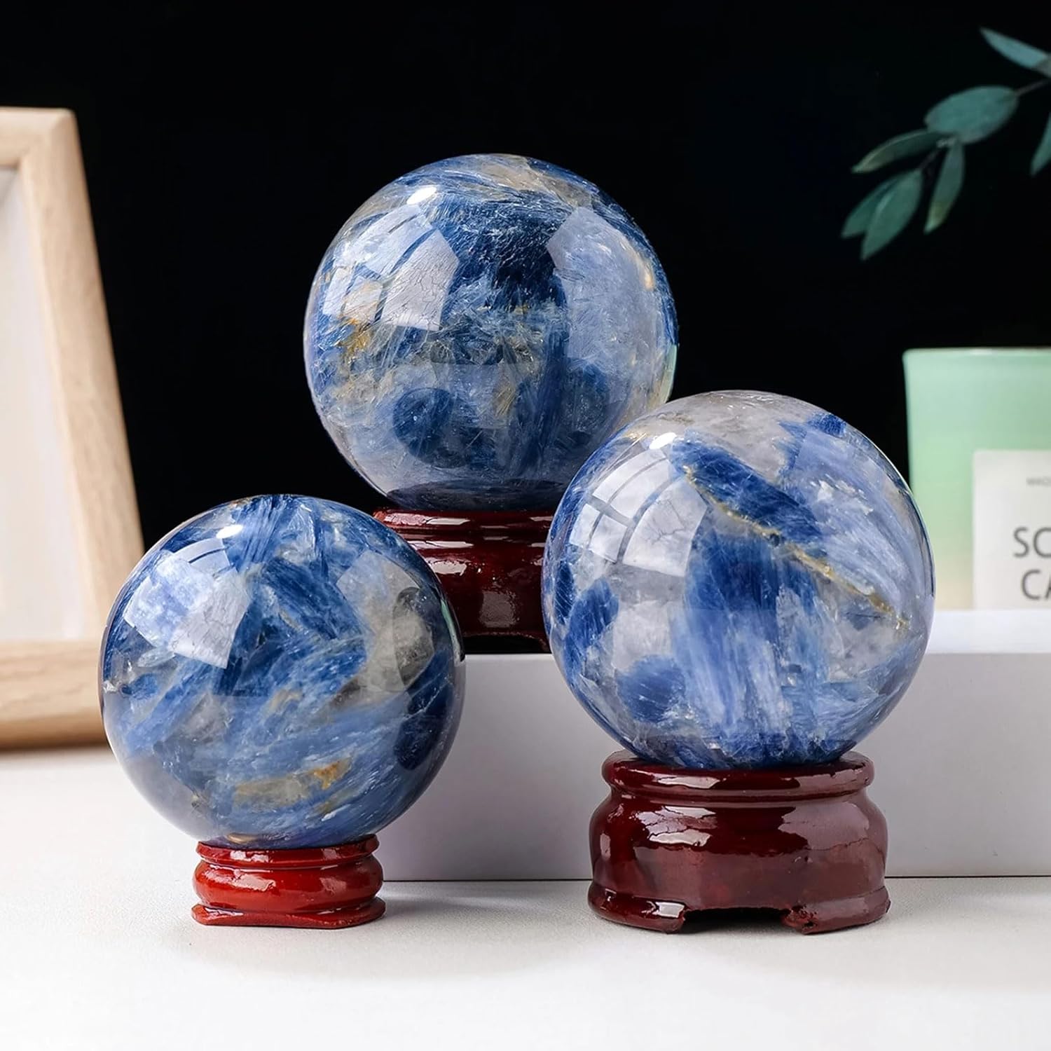 Blue Kyanite Crystal Sphere with Wood Stand for Reiki Meditation