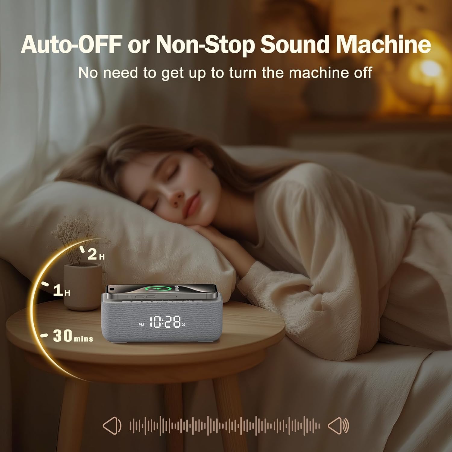 REACHER 15W Fast Wireless Charging Alarm Clock with White Noise Machine