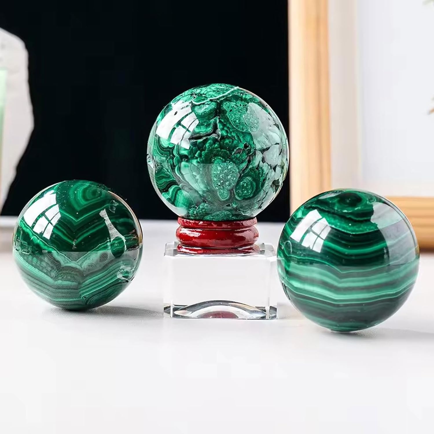 Natural Malachite Crystal Healing Sphere with Stand