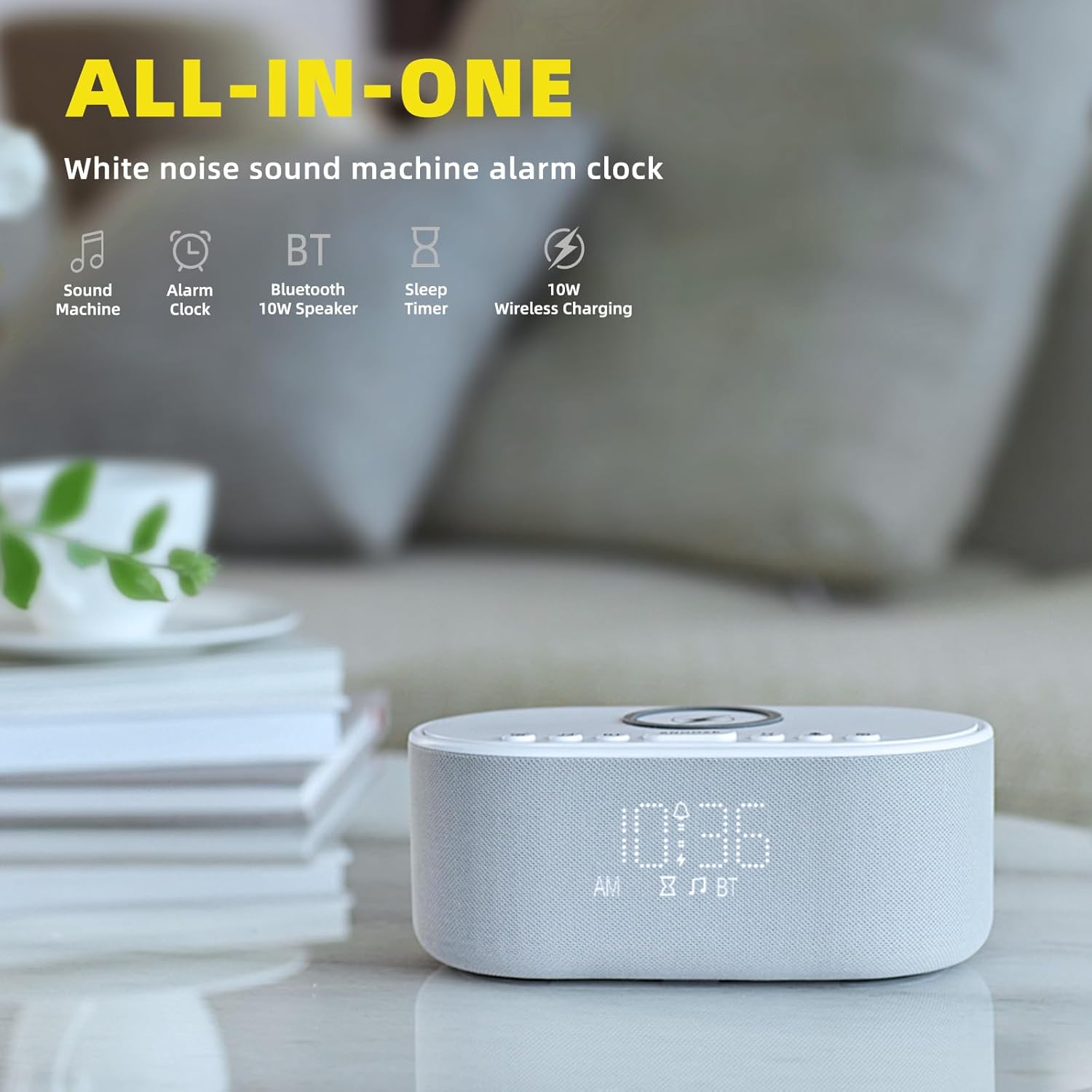 Odokee Sound Machine Alarm Clock with 10W Wireless Charger