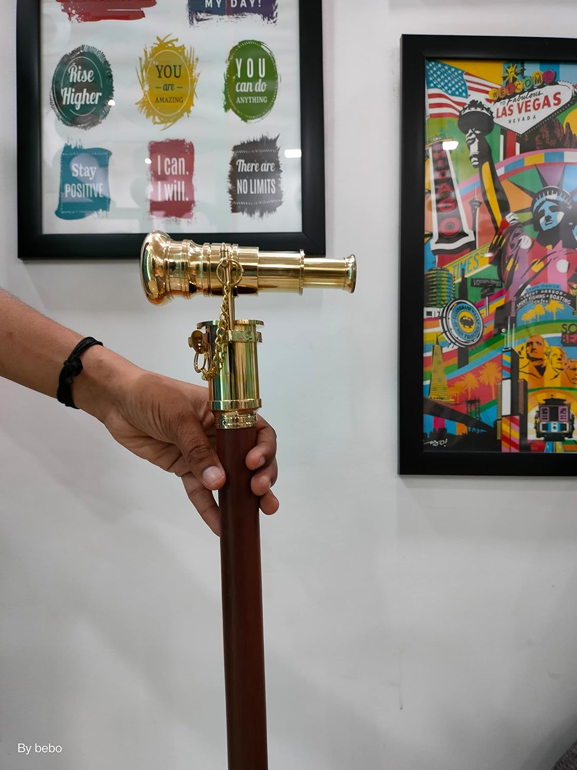 Wooden Walking Stick with Brass Handle and Telescope