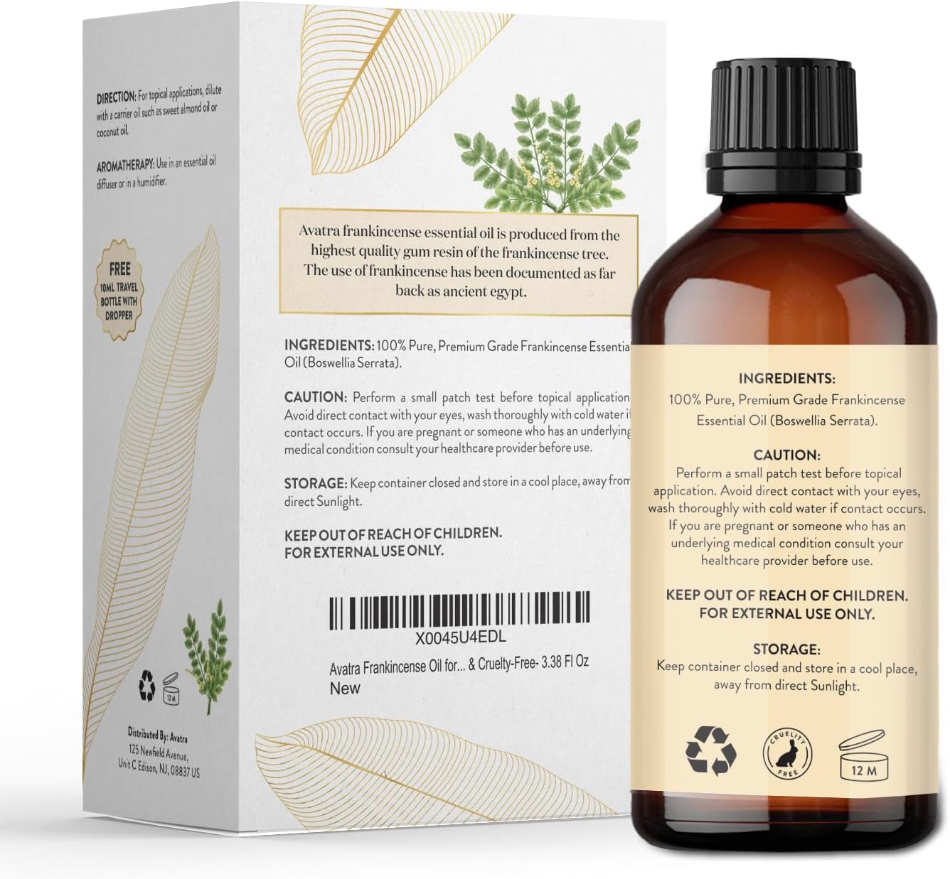 Avatra Frankincense Essential Oil 100ML with Glass Dropper and Travel Bottle