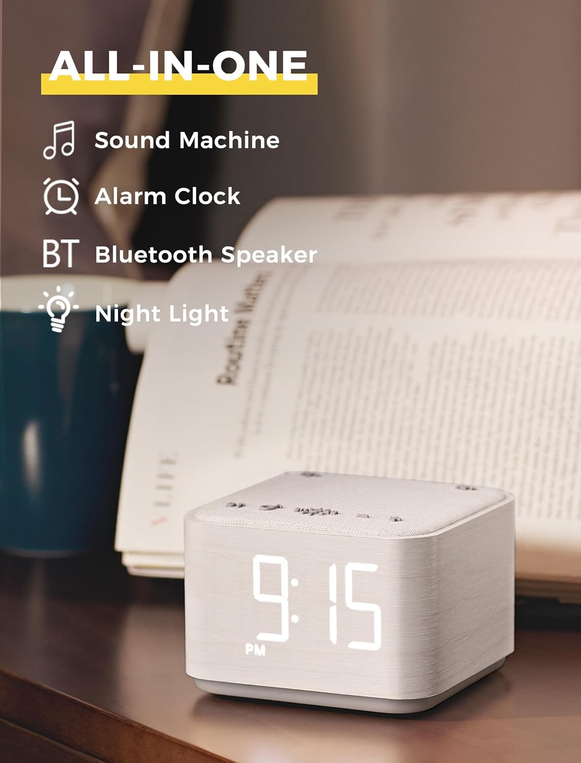 Mojikoo Sound Machine Alarm Clock with Bluetooth and Night Light