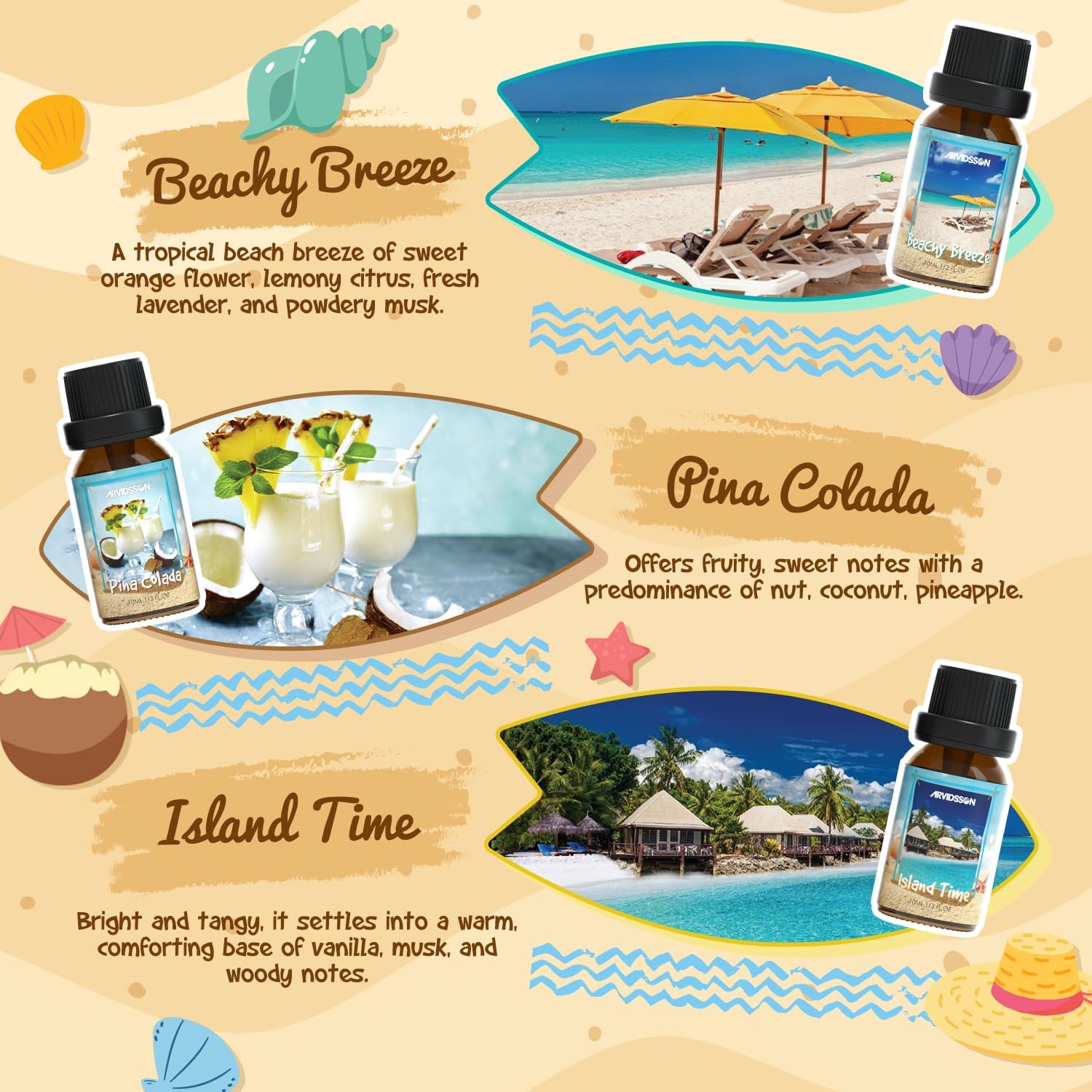 ARVIDSSON Beach Fragrance Oil Set - 7 Tropical Essential Oils for Diffuser