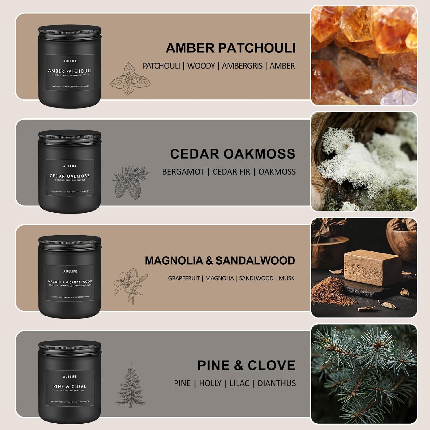 Auelife Scented Candles for Men 4 Pack Set