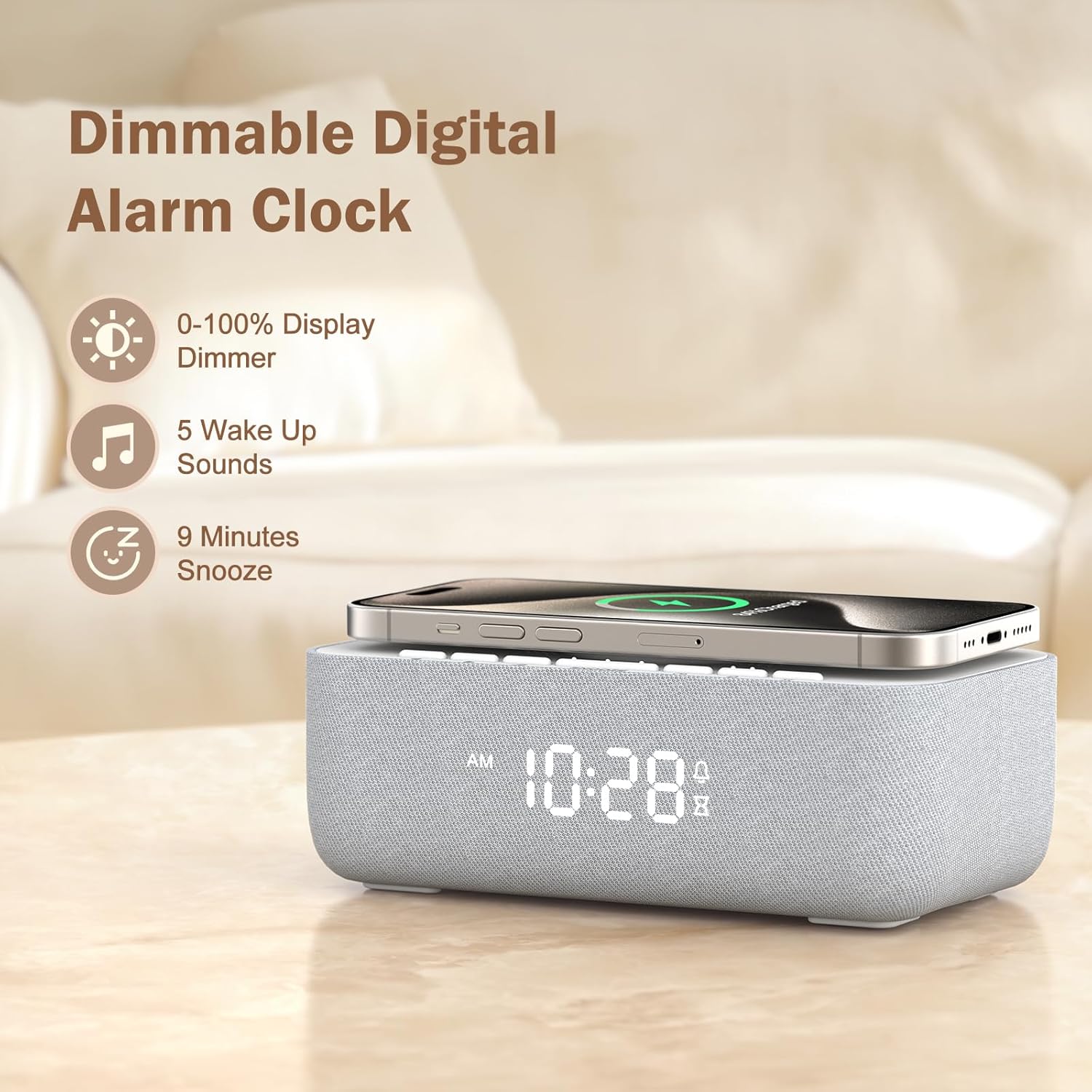 REACHER 15W Fast Wireless Charging Alarm Clock with White Noise Machine