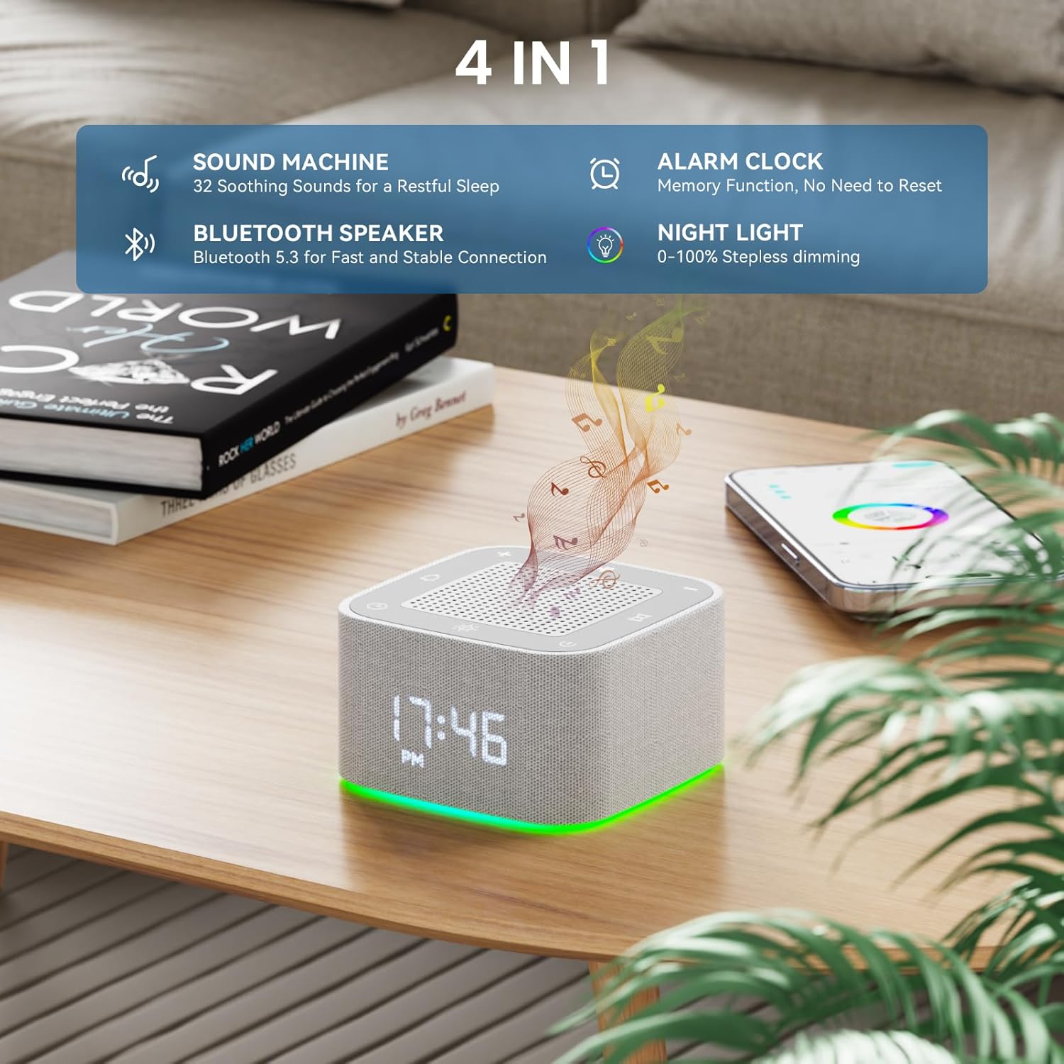 Augnner Sound Machine Alarm Clock with 32 Sleep Sounds and Night Light