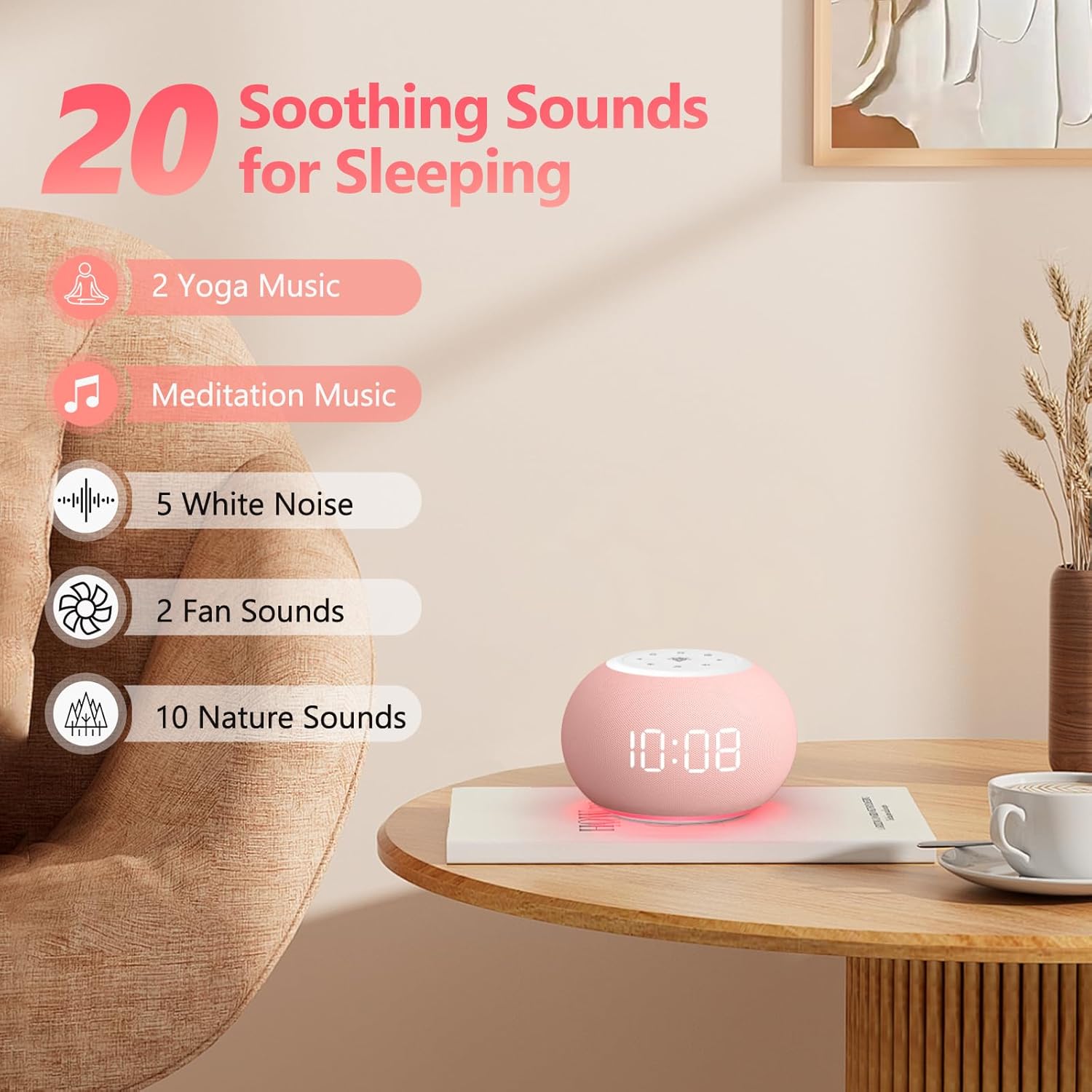 Reacher Auto Dimmable Sound Machine Alarm Clock with Night Lights