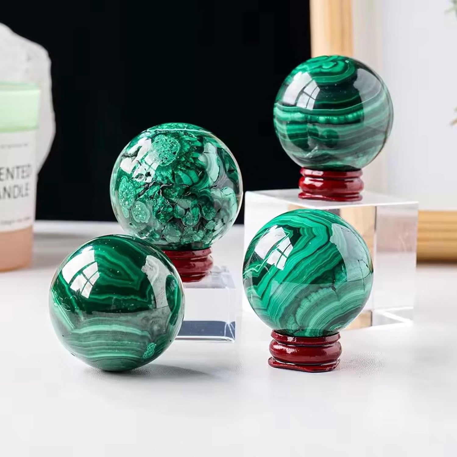 Natural Malachite Crystal Healing Sphere with Stand