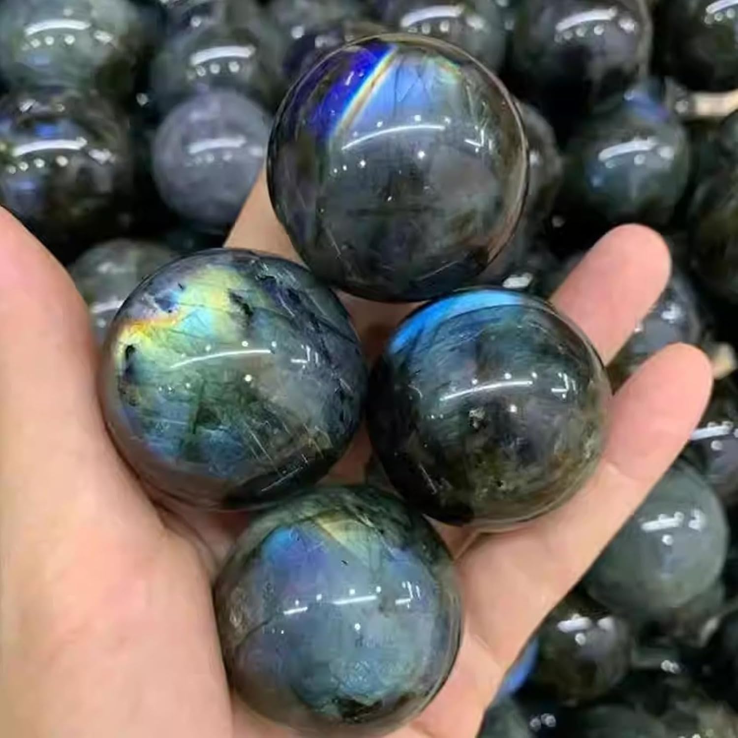 Natural Labradorite Crystal Sphere with Wooden Stand for Feng Shui Healing