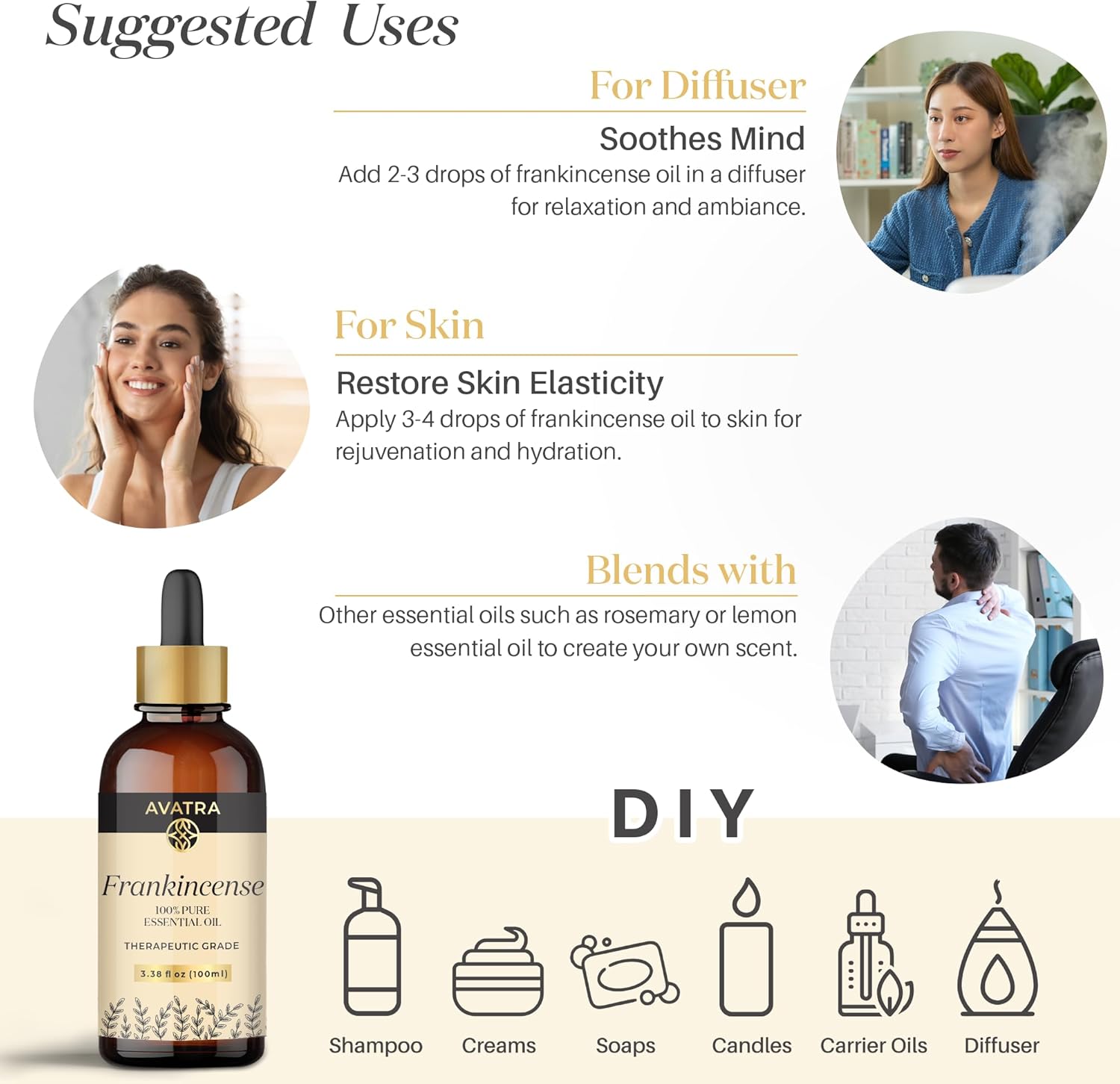 Avatra Frankincense Essential Oil 100ML with Glass Dropper and Travel Bottle