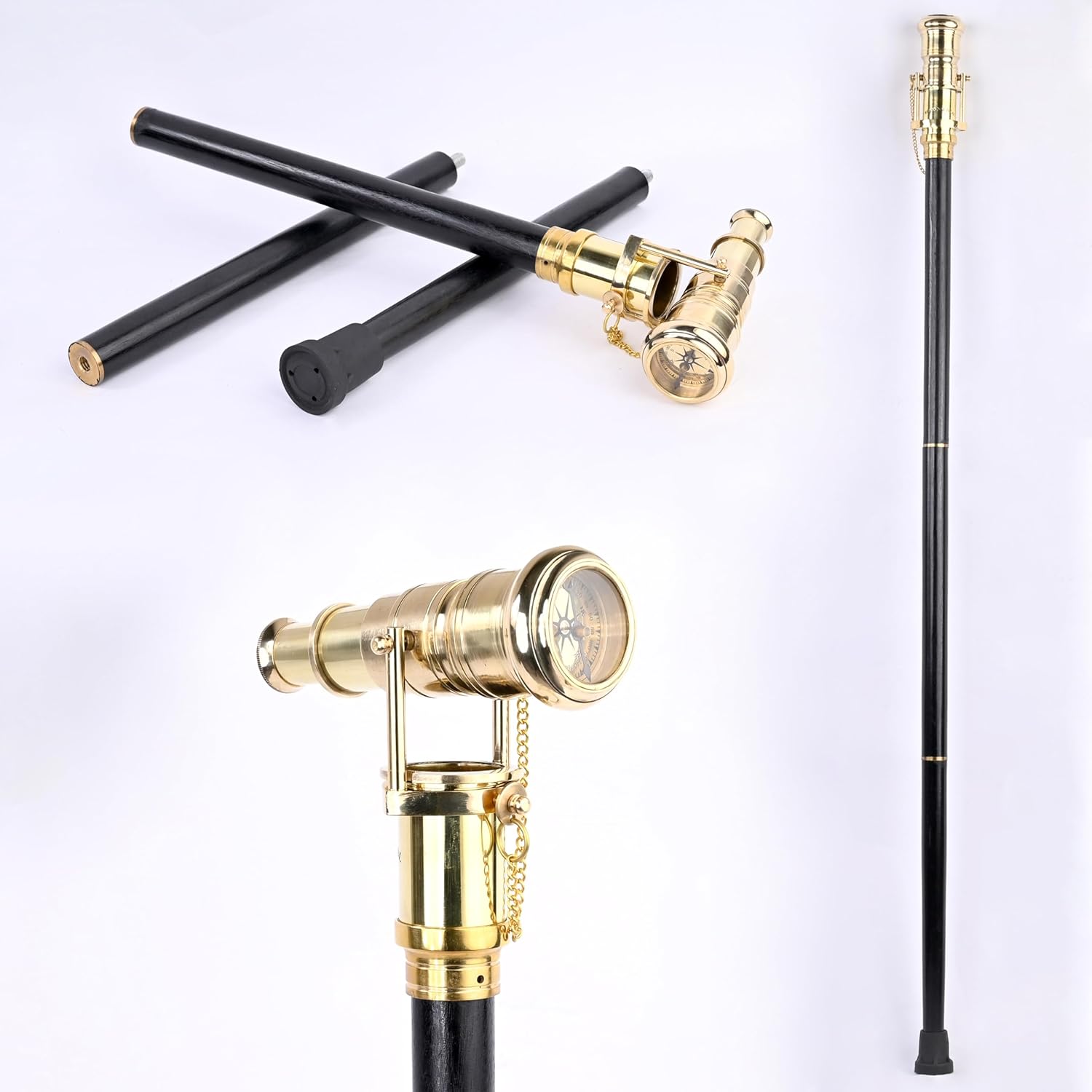 Brass Nautical Telescope Walking Stick with Compass