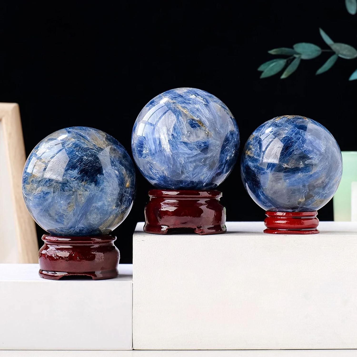 Blue Kyanite Crystal Sphere with Wood Stand for Reiki Meditation