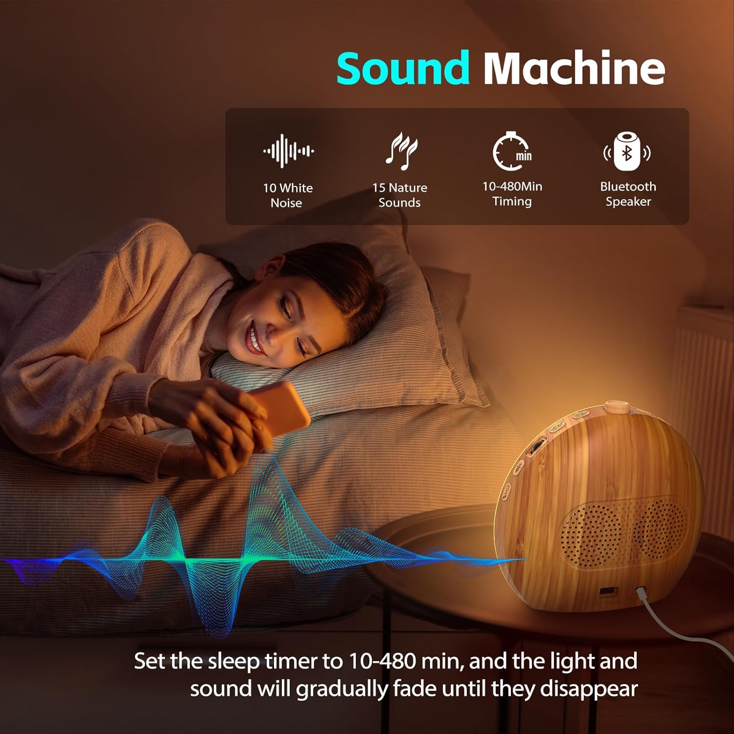Wood Grain Sunrise Alarm Clock with 25 Sounds and 17 Lights