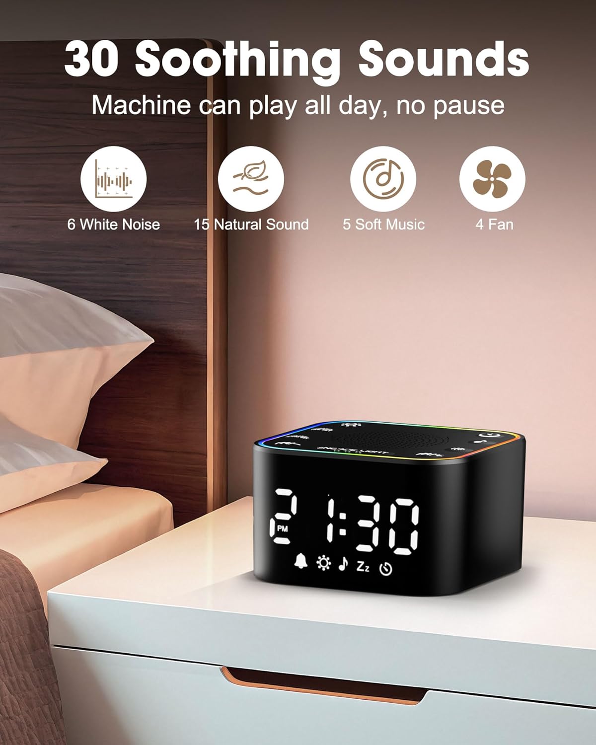 Alampan White Noise Machine with Alarm Clock and RGB Night Light