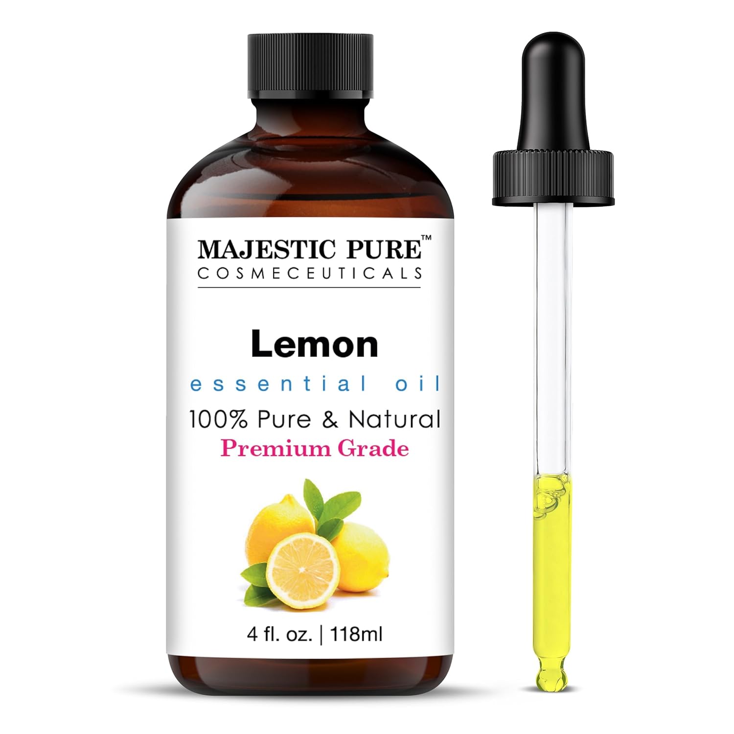 Majestic Pure Lemon Essential Oil 4 Fl Oz with Glass Dropper