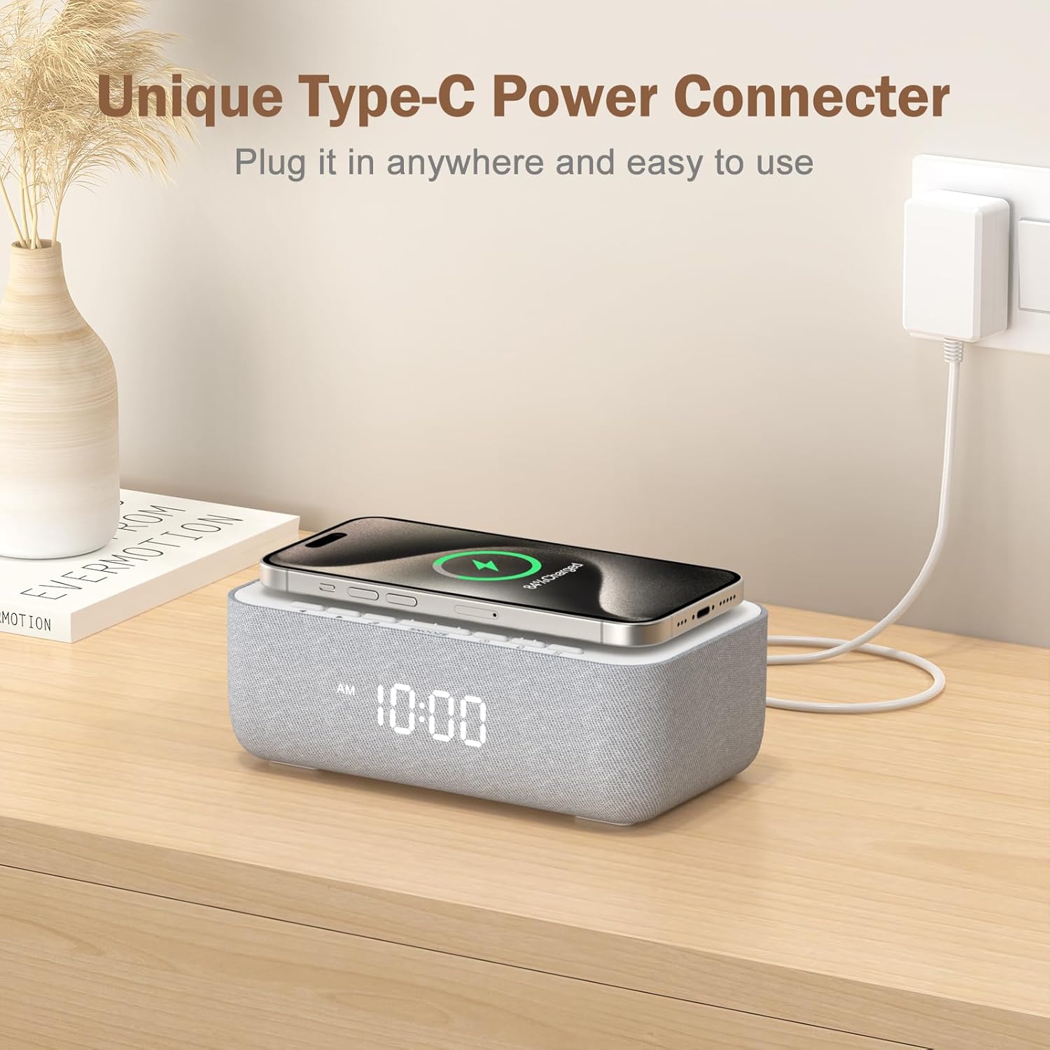 REACHER 15W Fast Wireless Charging Alarm Clock with White Noise Machine
