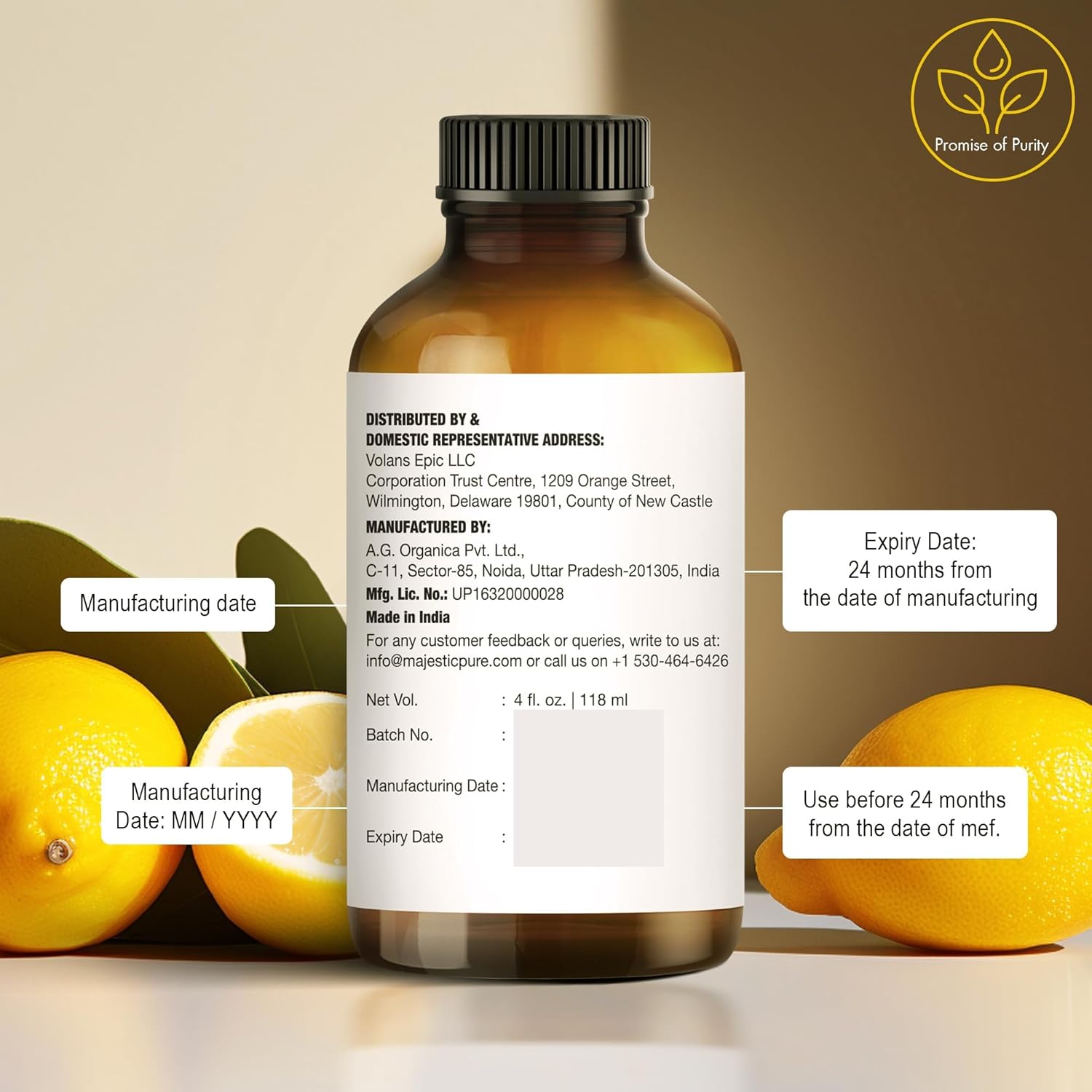 Majestic Pure Lemon Essential Oil 4 Fl Oz with Glass Dropper