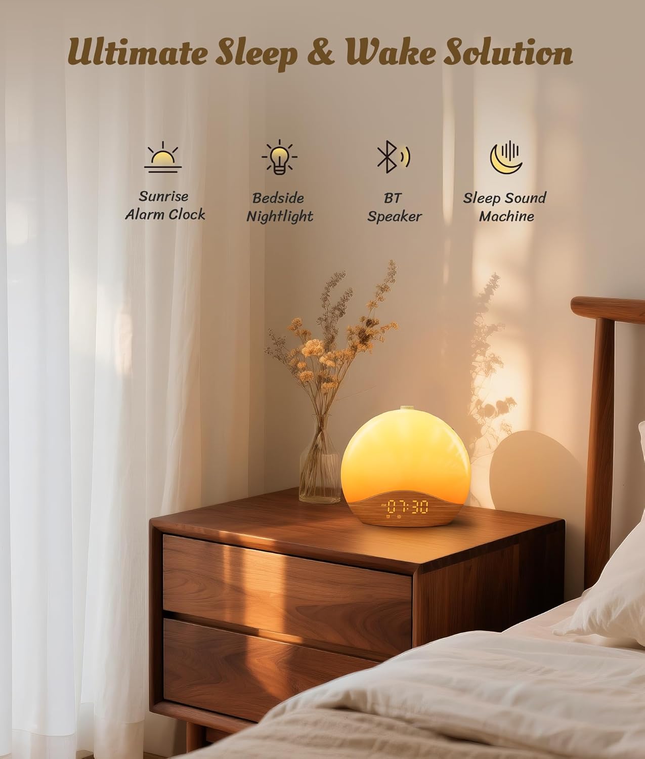 ecozy Wood Grain Sunrise Alarm Clock with 26 Sounds and 17 Night Lights