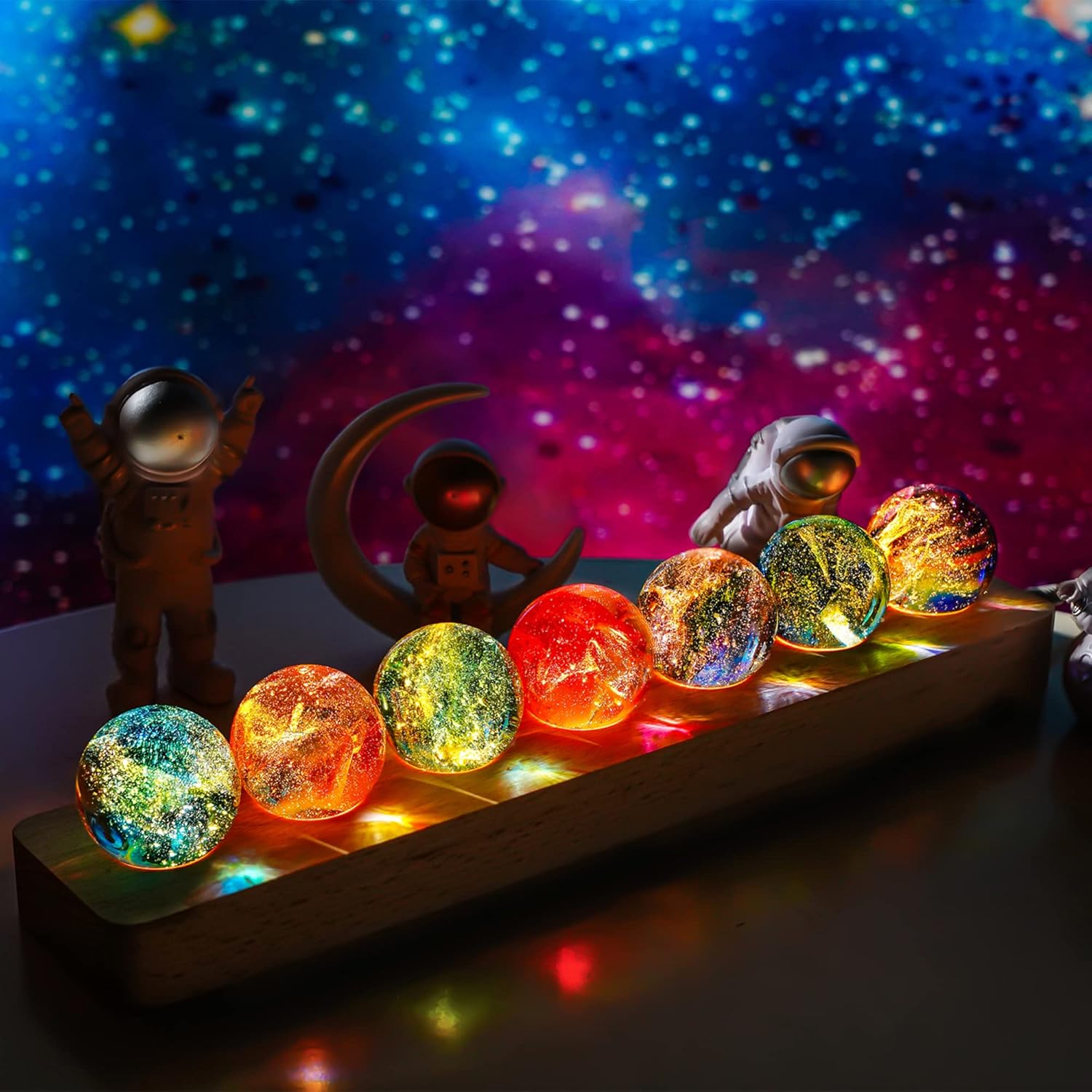 7 Chakra Crystal Healing Spheres with LED Wooden Stand