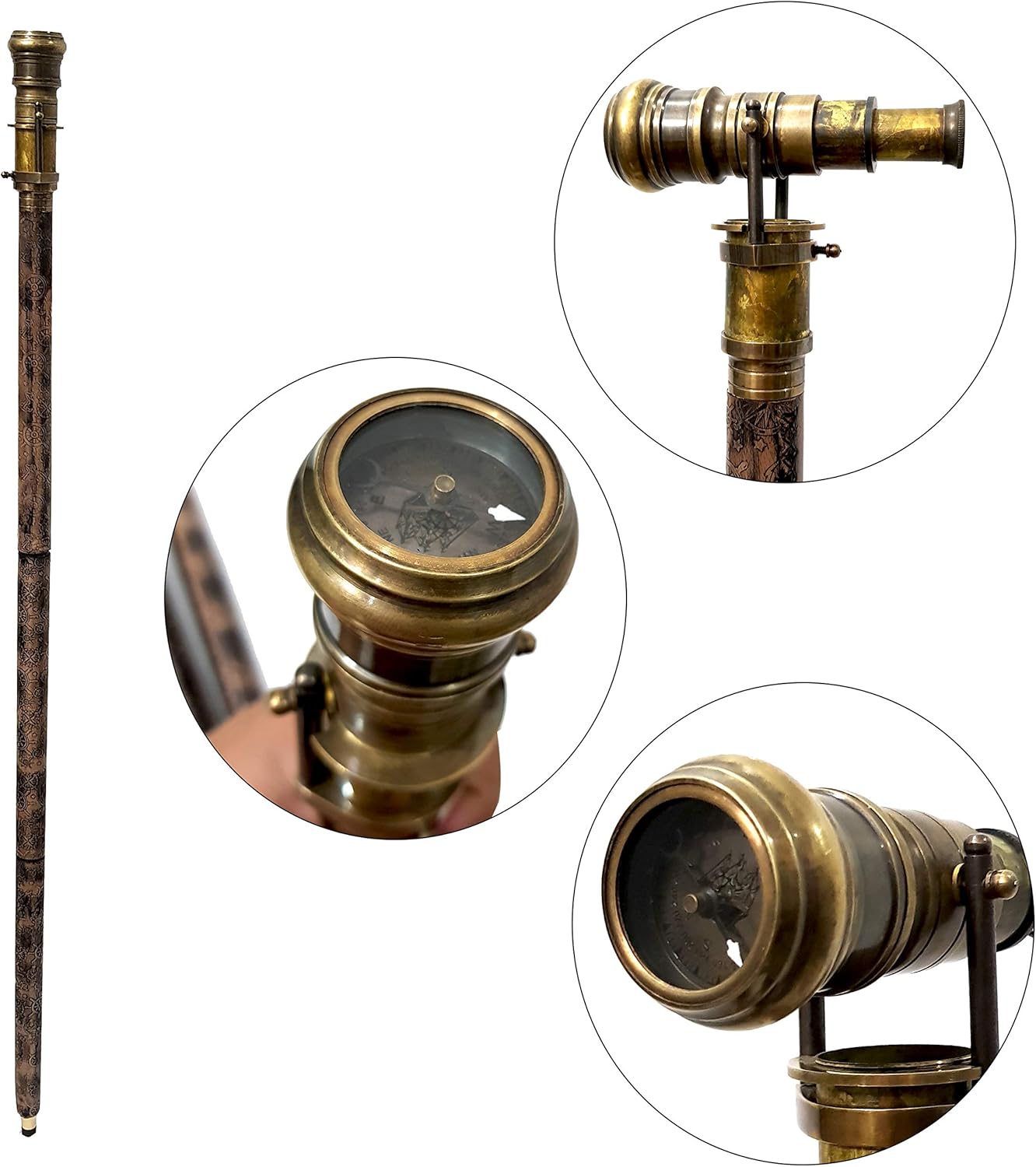 Antique Compass Telescope Walking Stick Cane