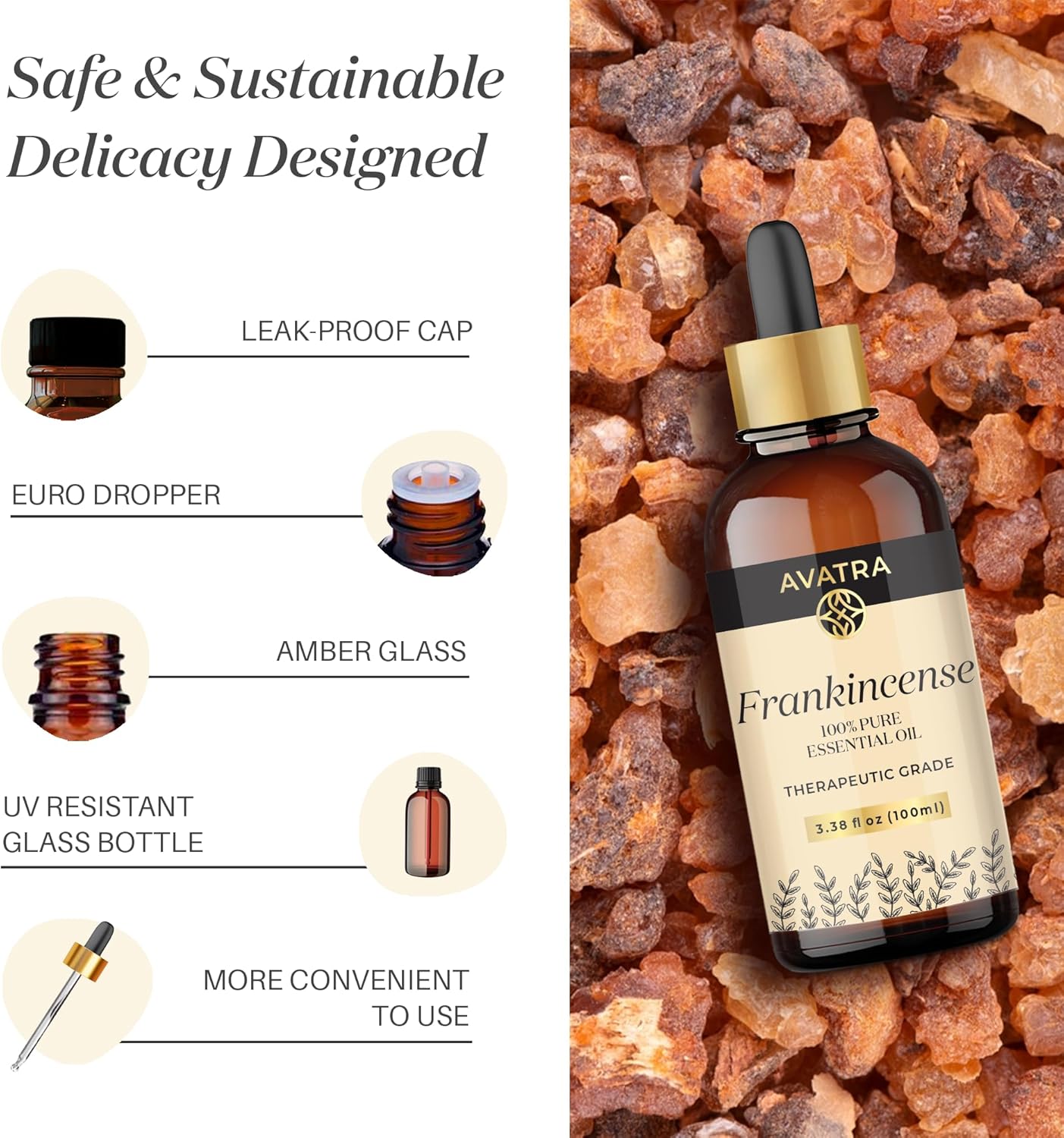 Avatra Frankincense Essential Oil 100ML with Glass Dropper and Travel Bottle