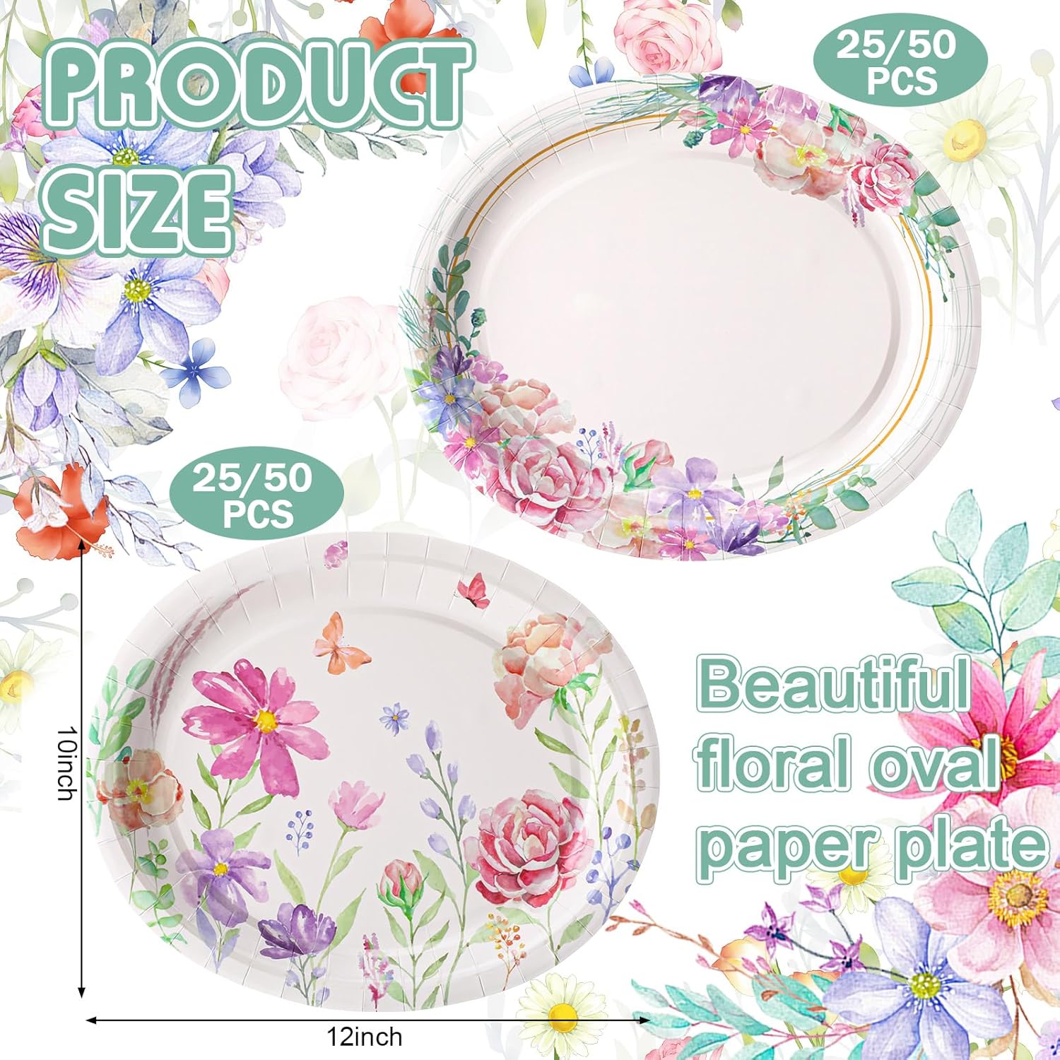 Havawish 100 Pcs Floral Oval Paper Plates 10x12