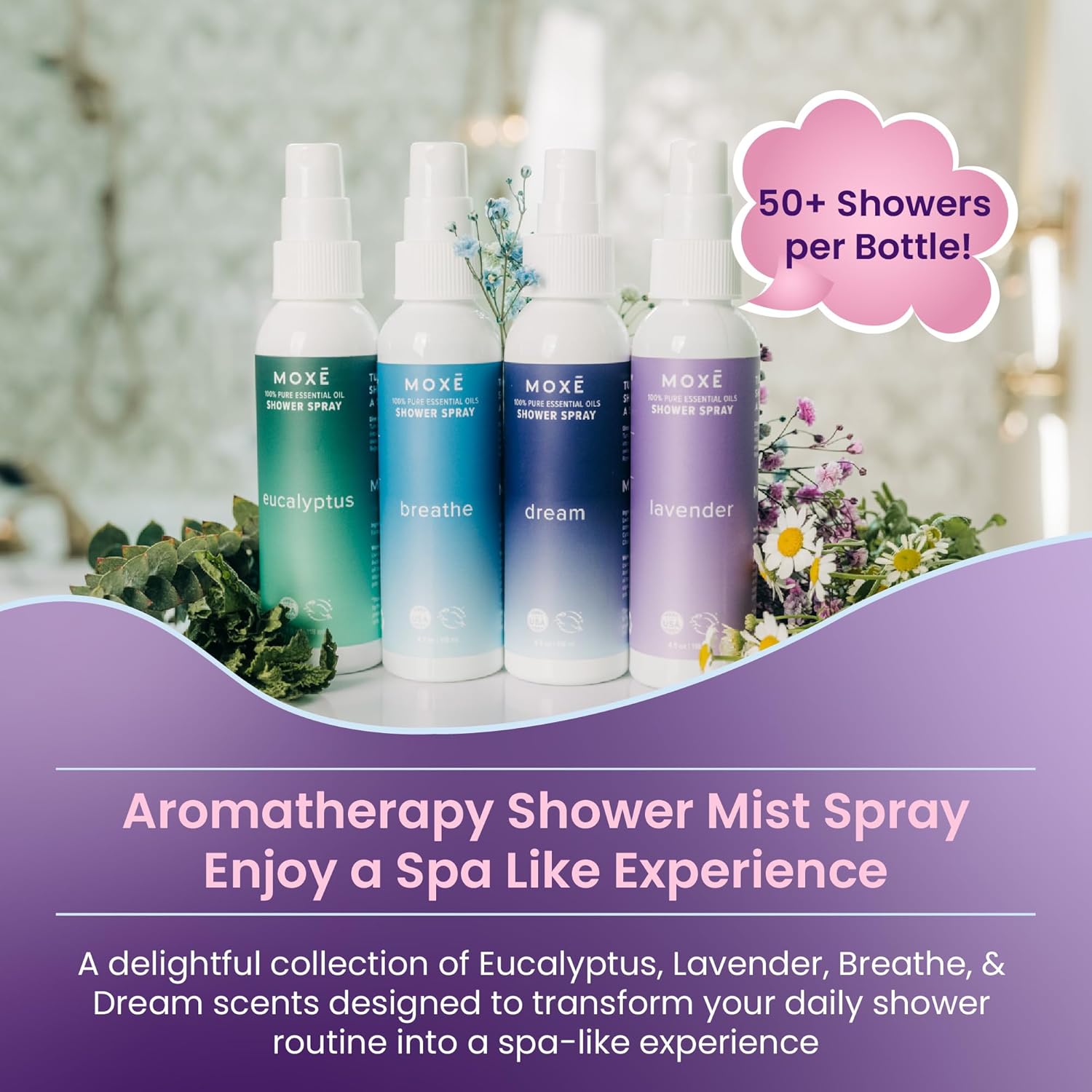 MOXE Aromatherapy Shower Mist 4 Pack - Eucalyptus Lavender Breathe Dream