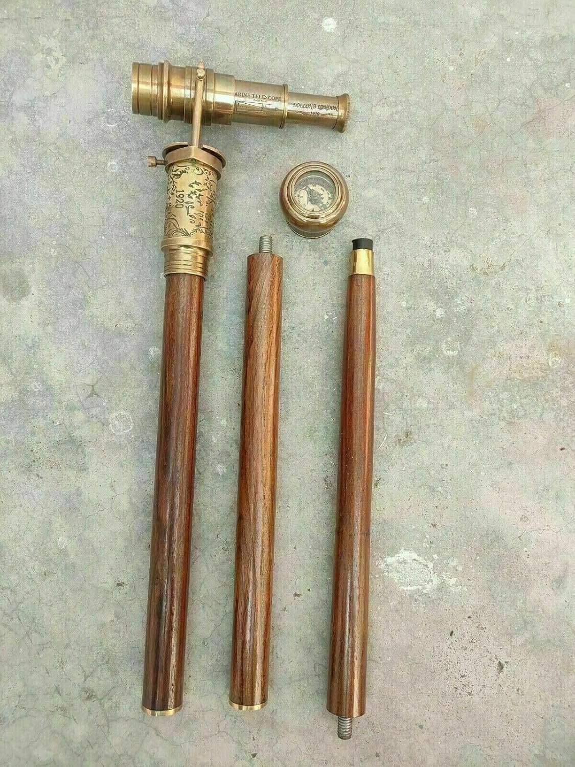 Antique Brass Handle Wooden Walking Stick with Engraved Design