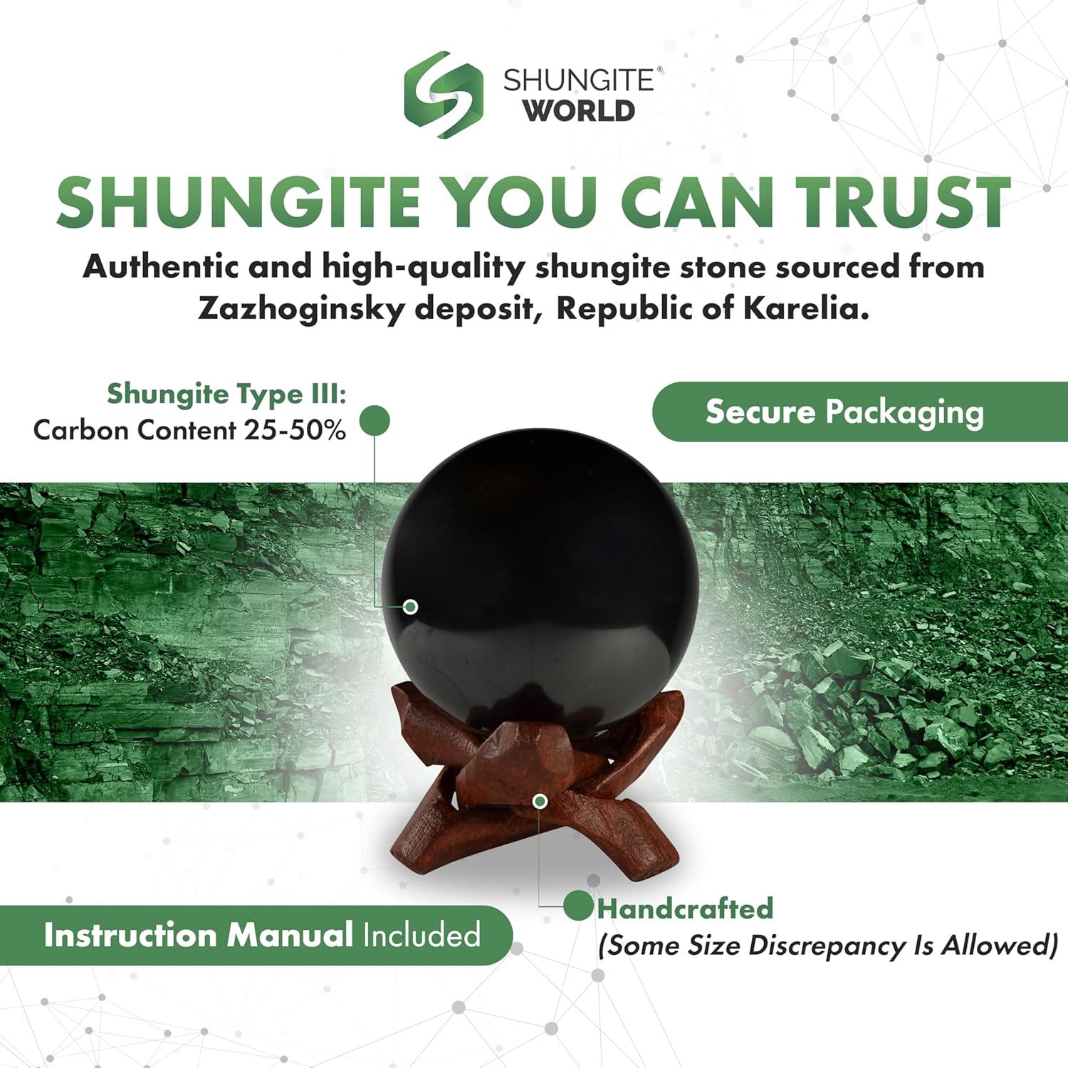 Shungite Stone Sphere 40mm with Stand for Feng Shui Healing
