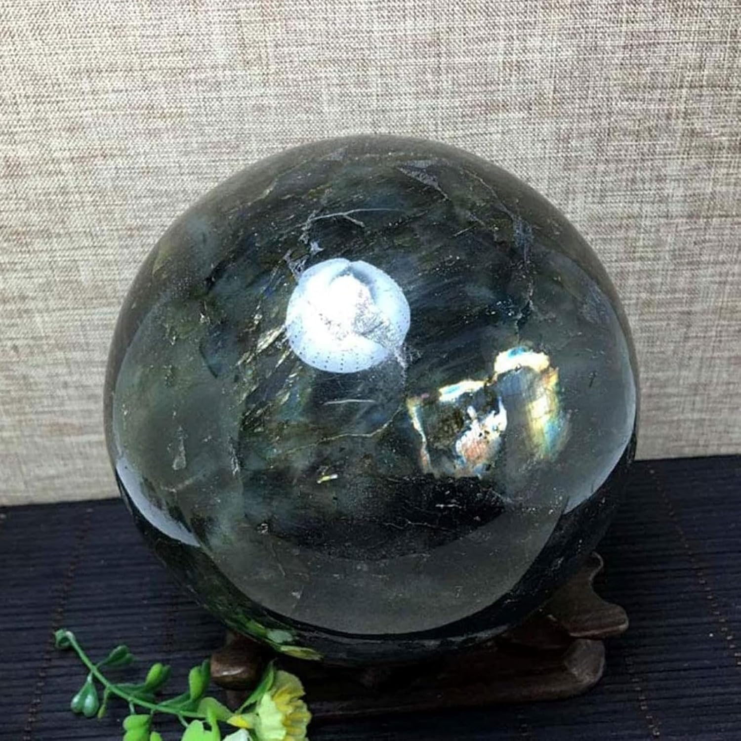 Natural Labradorite Crystal Sphere with Wooden Stand for Feng Shui Healing