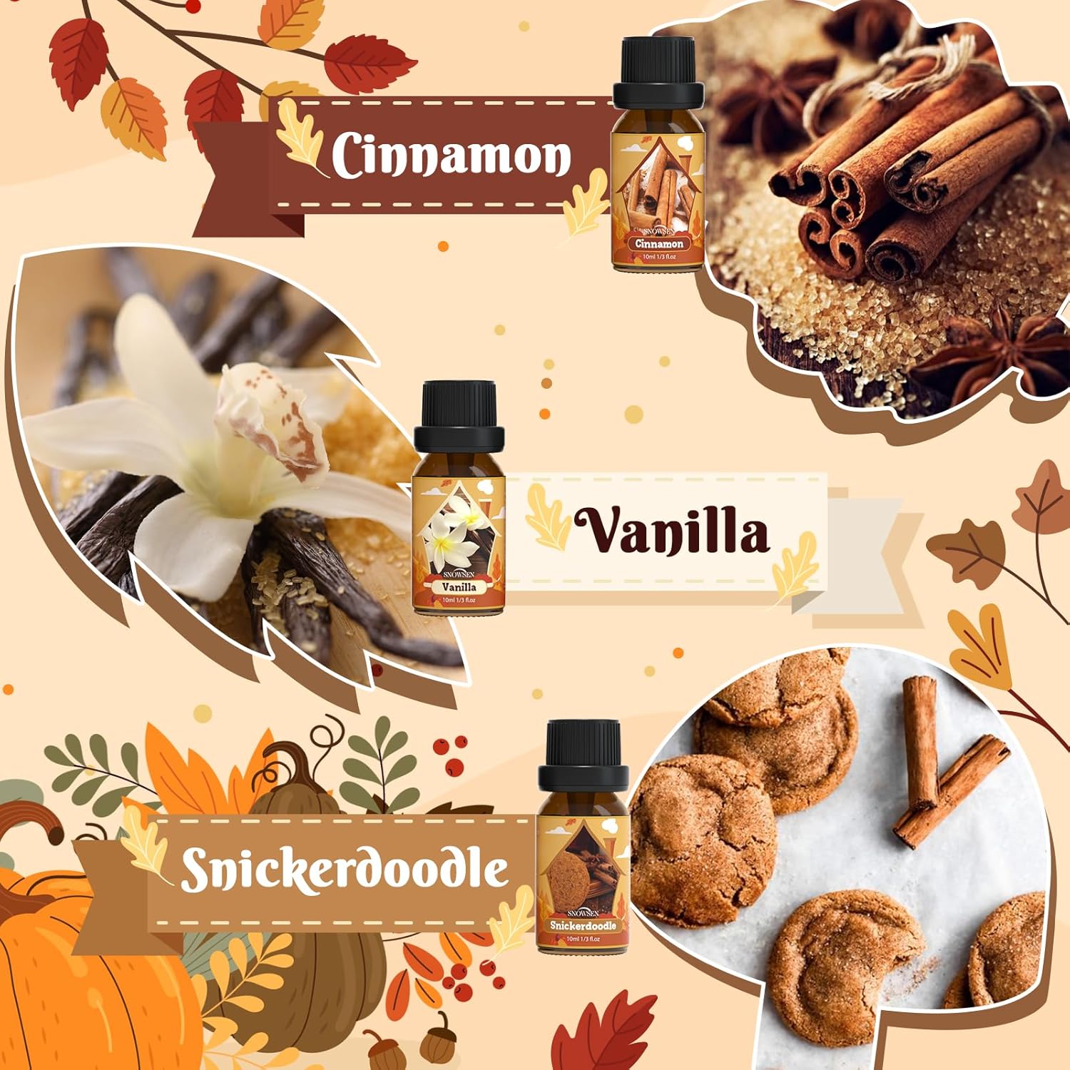 Autumn Essential Oil Set 6x10ml - Apple Spice Pumpkin Pie Pine Cinnamon Vanilla Snickerdoodle