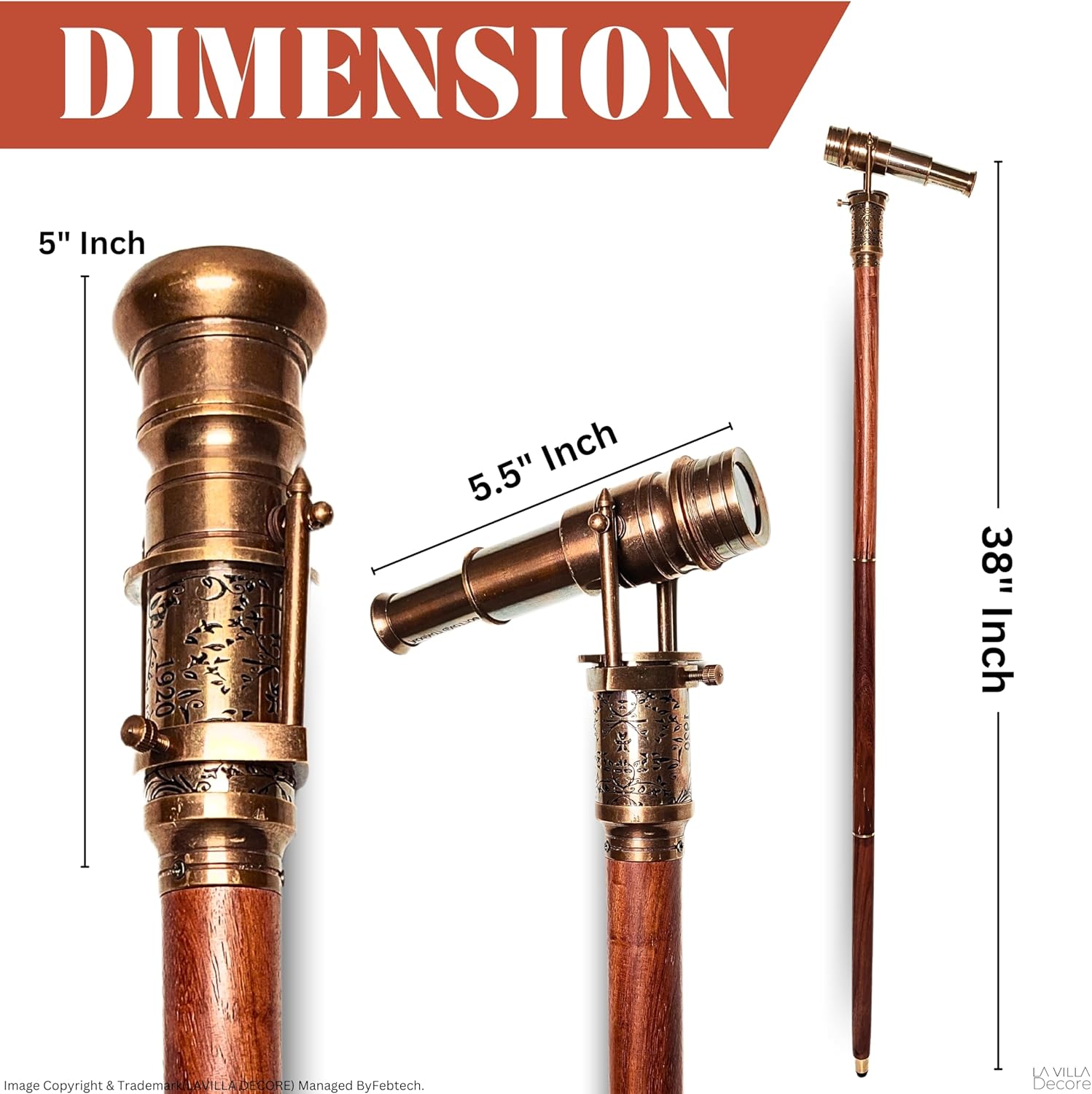 Antique Brass Telescope Walking Cane - Victorian Style Rosewood Steampunk Canes 38 Inches