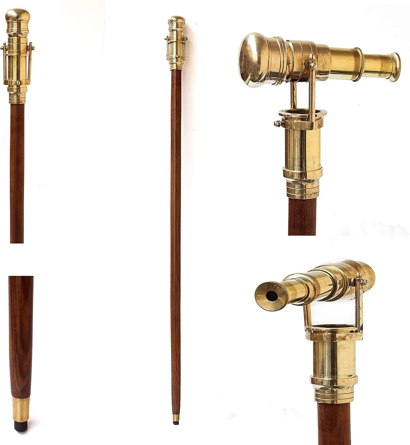 Wooden Walking Stick with Brass Handle and Telescope