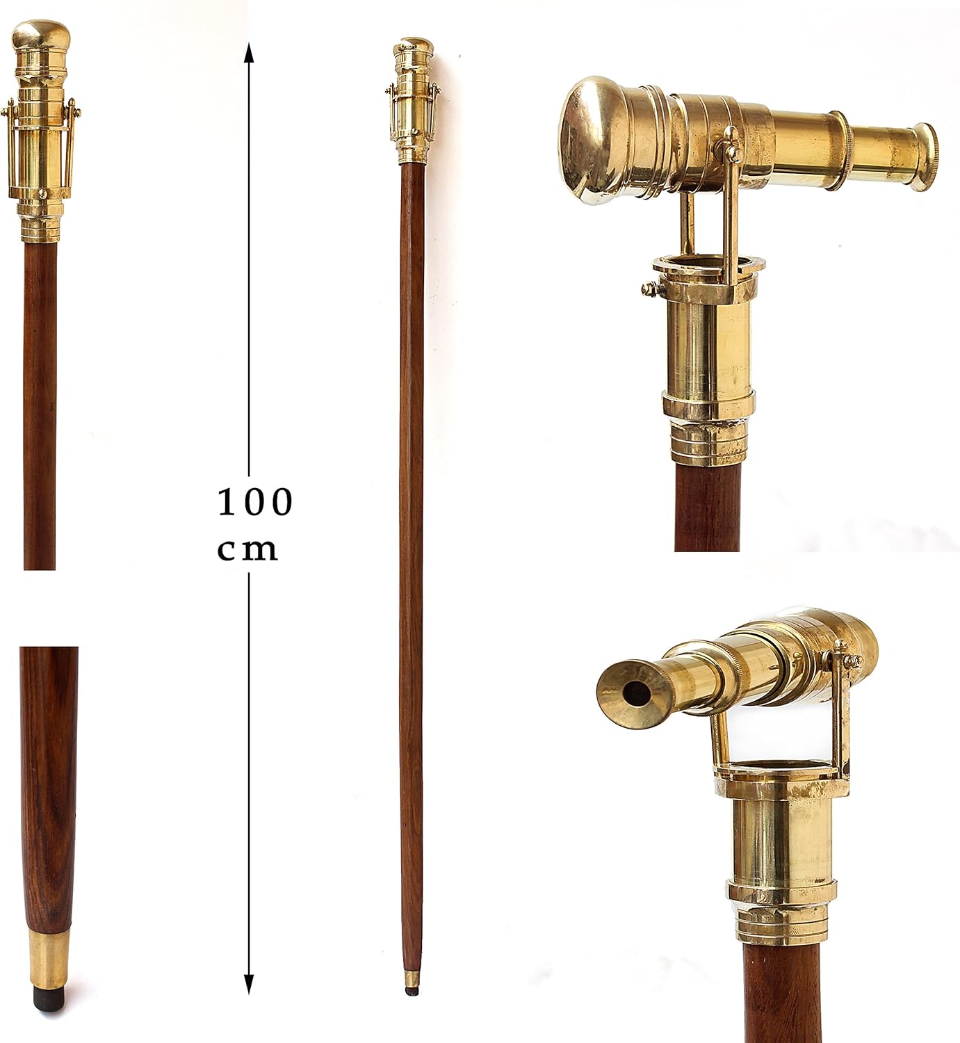 Wooden Walking Stick with Brass Handle and Telescope