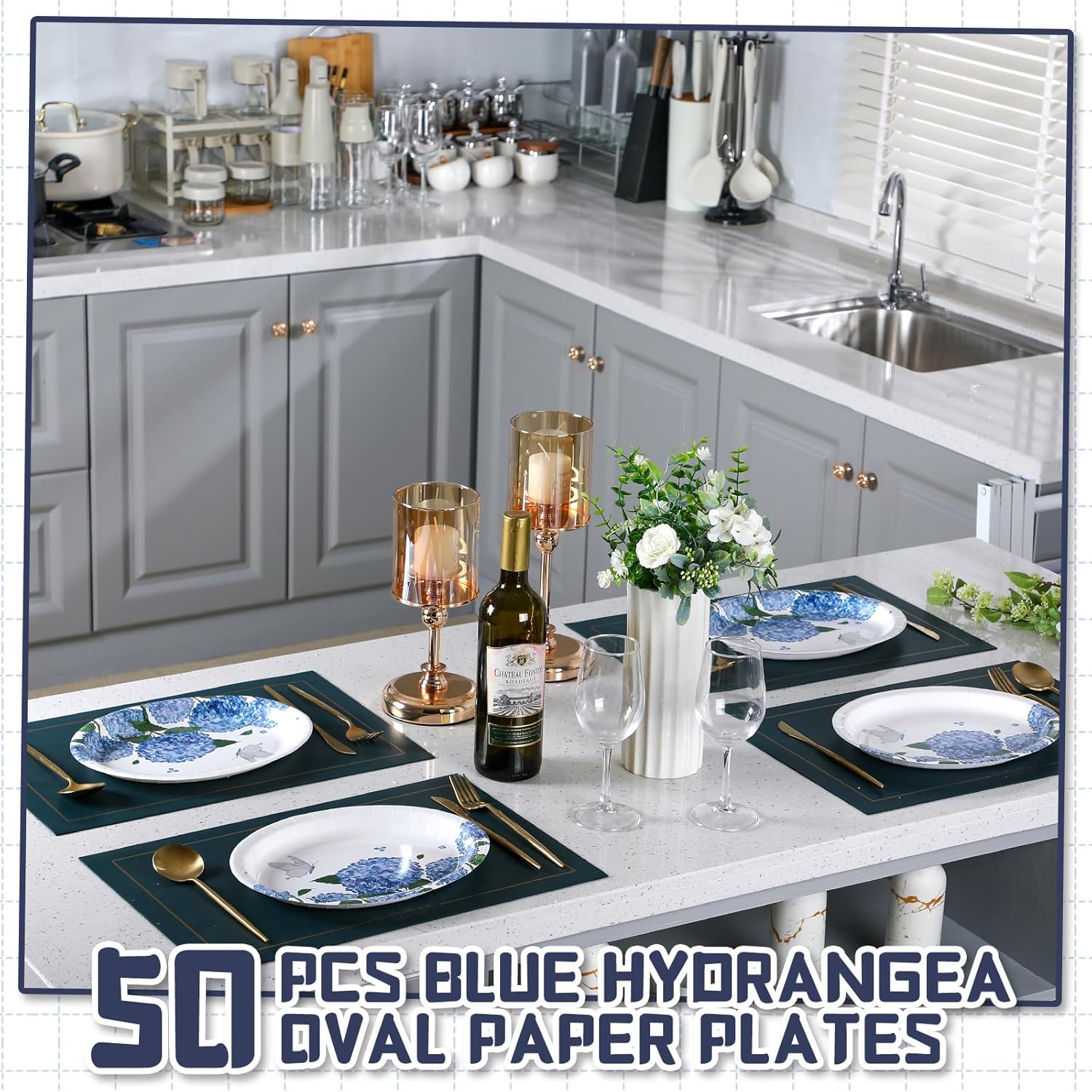 50 Pcs Blue Hydrangea Oval Paper Plates for Summer Parties