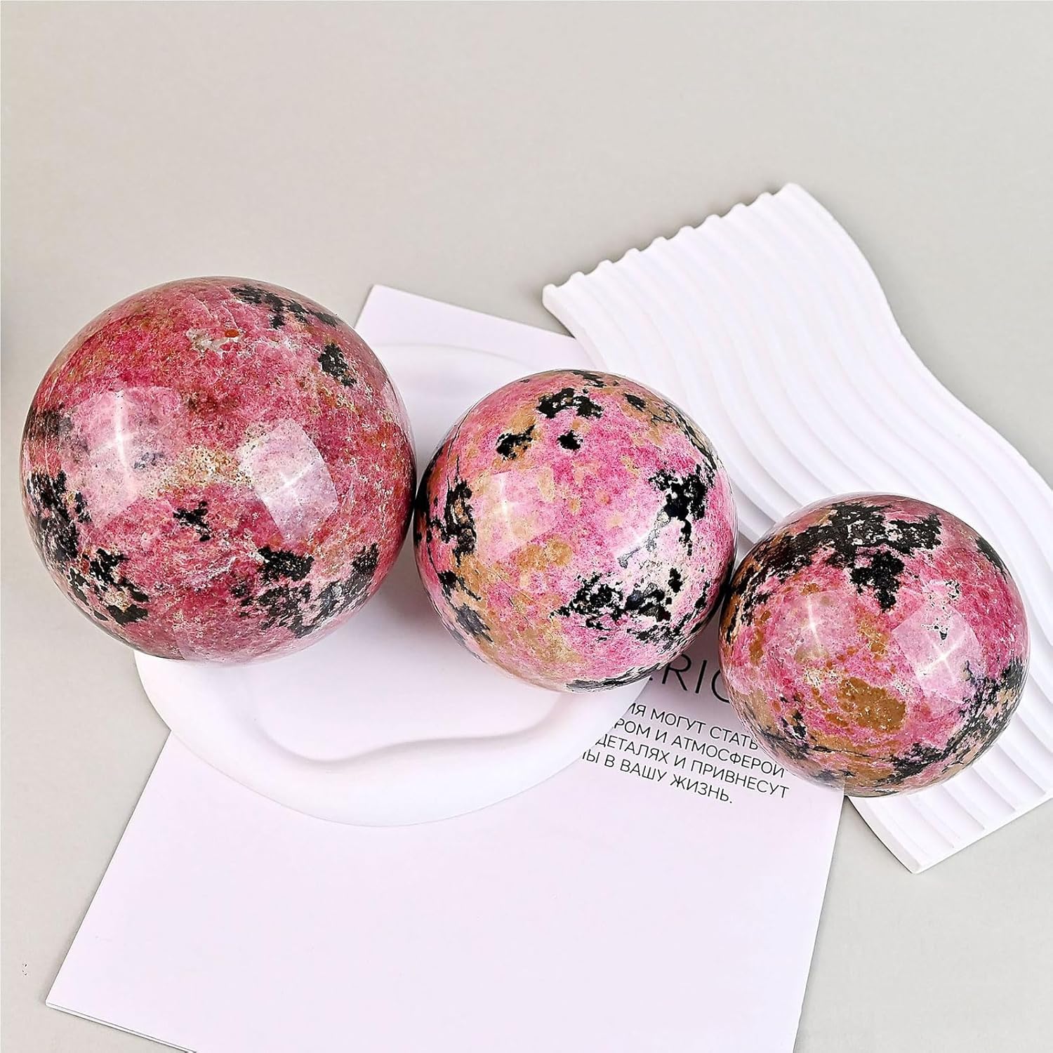 Natural Rhodonite Crystal Ball with Wood Stand