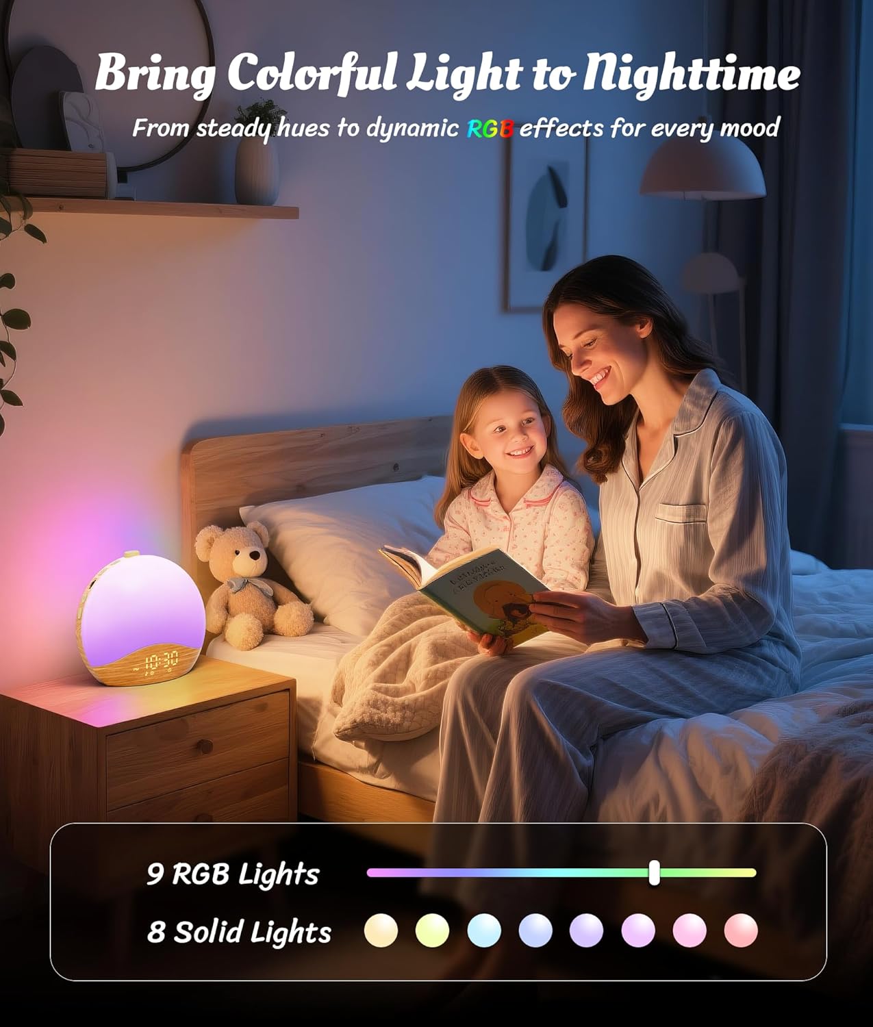ecozy Wood Grain Sunrise Alarm Clock with 26 Sounds and 17 Night Lights