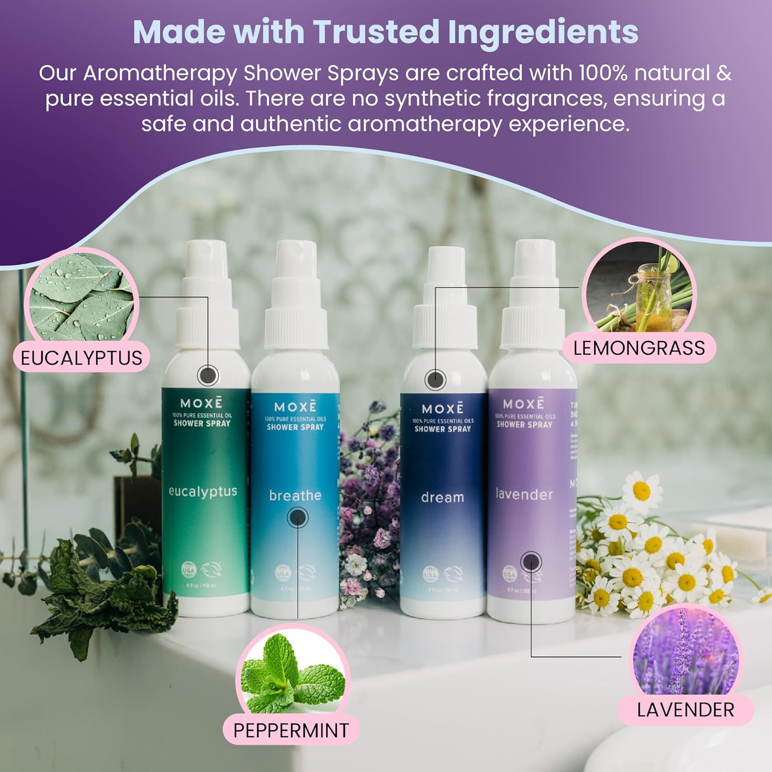 MOXE Aromatherapy Shower Mist 4 Pack - Eucalyptus Lavender Breathe Dream