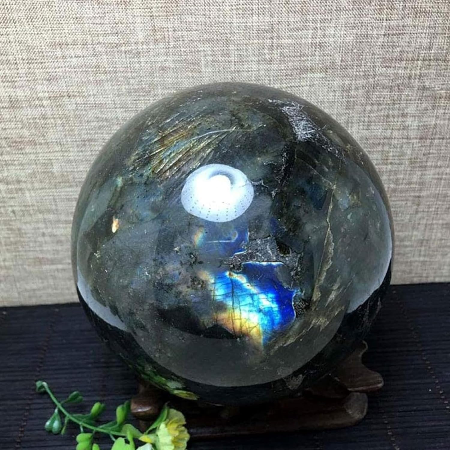 Natural Labradorite Crystal Sphere with Wooden Stand for Feng Shui Healing