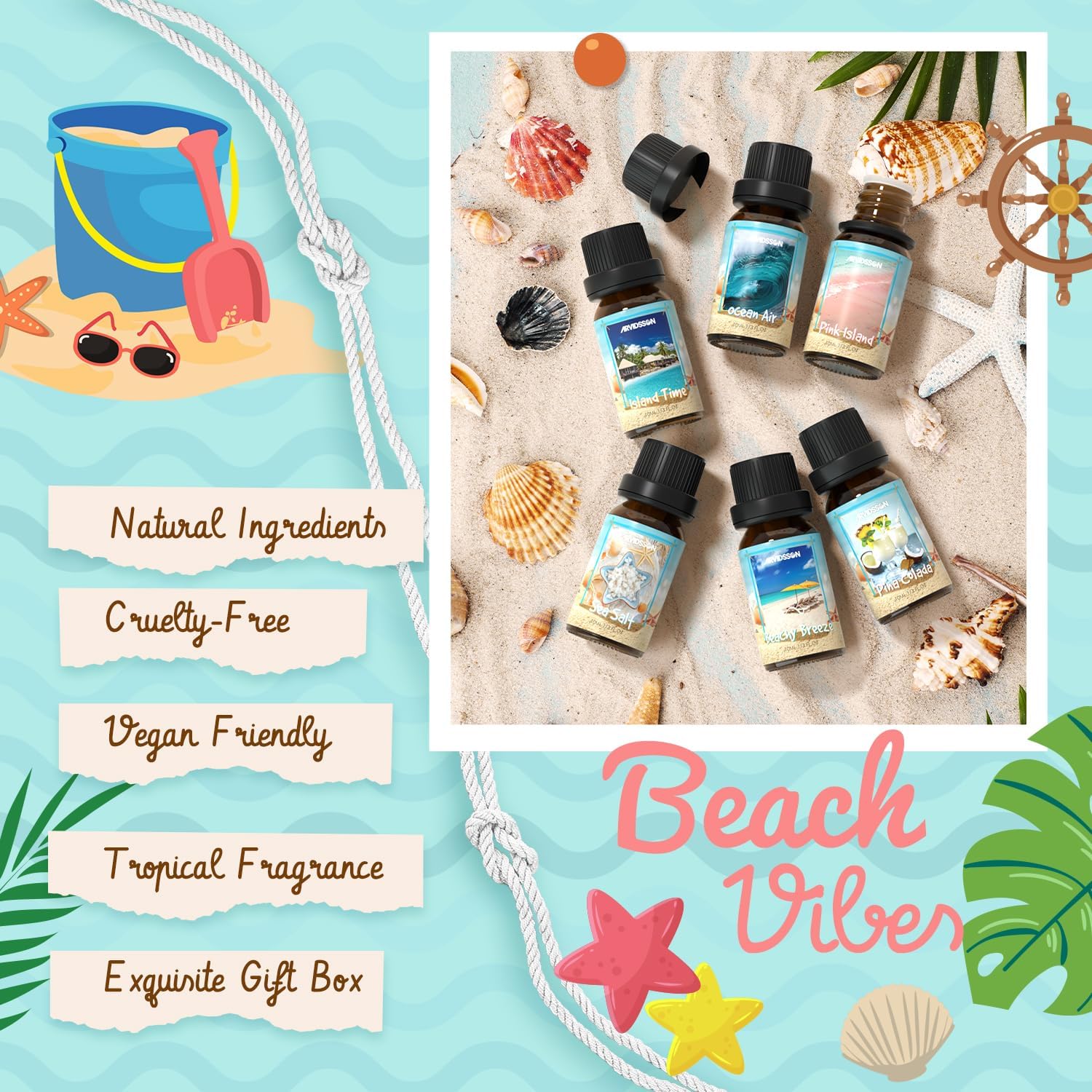 ARVIDSSON Beach Fragrance Oil Set - 7 Tropical Essential Oils for Diffuser