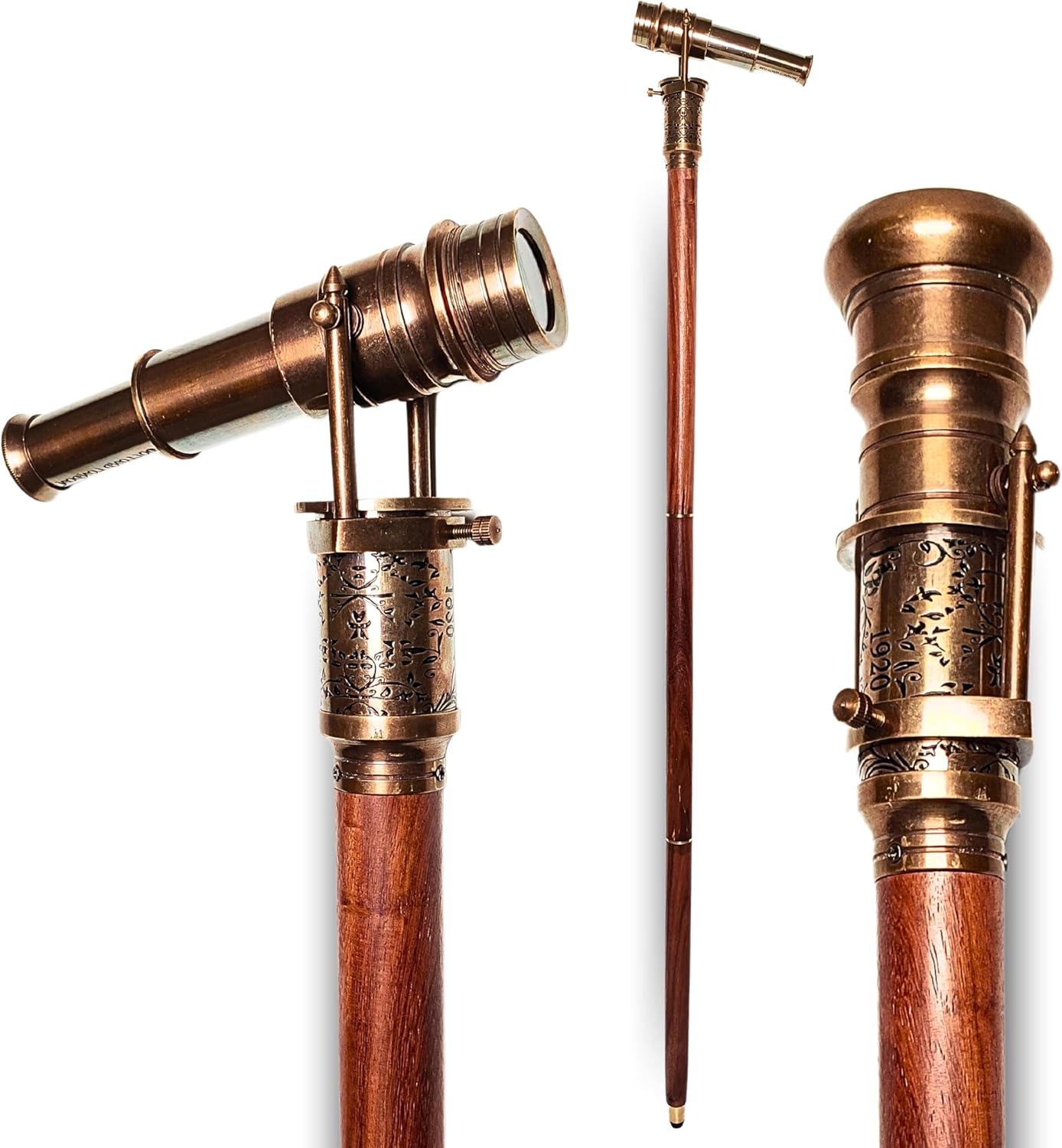 Antique Brass Telescope Walking Cane - Victorian Style Rosewood Steampunk Canes 38 Inches