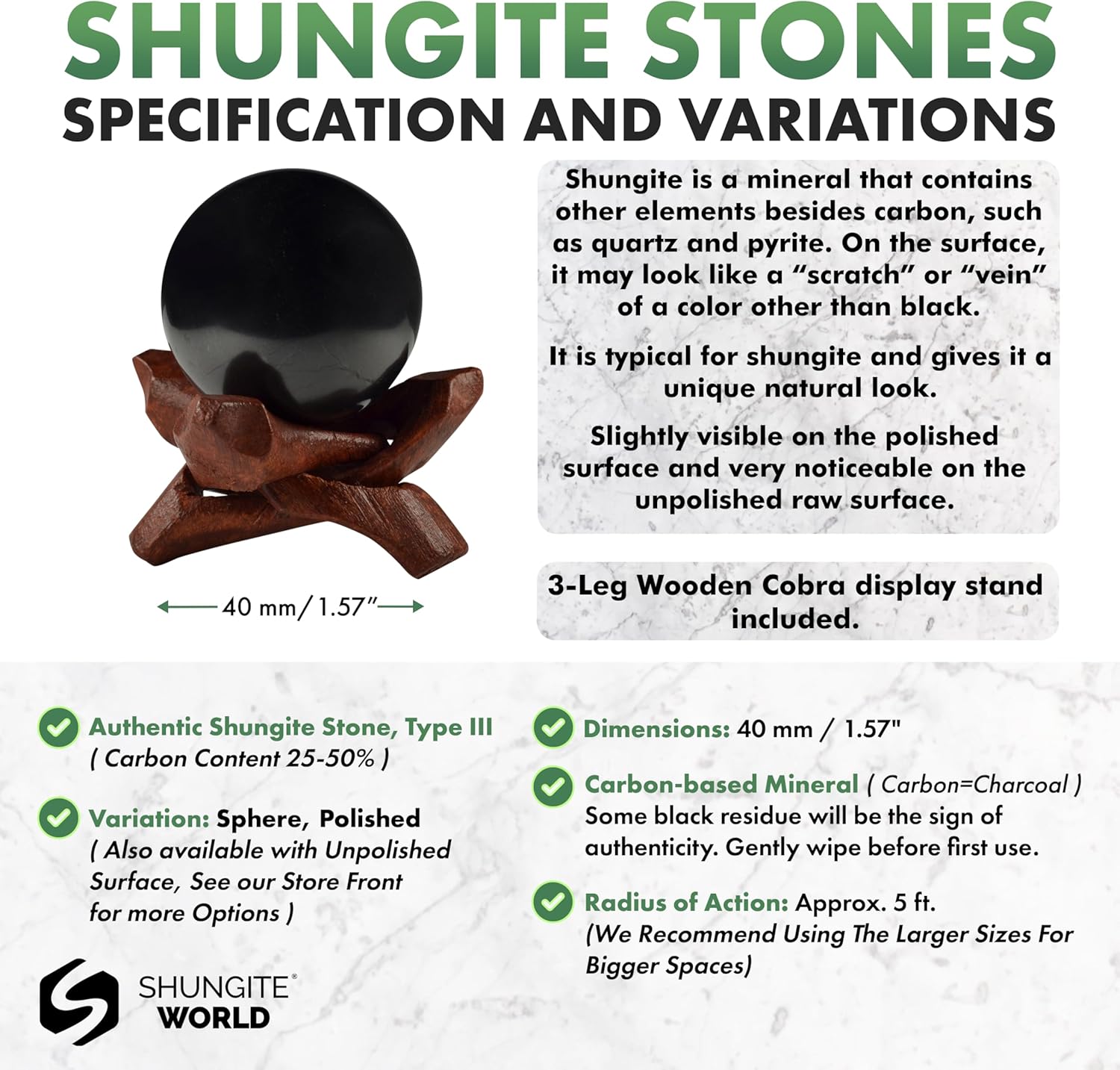 Shungite Stone Sphere 40mm with Stand for Feng Shui Healing