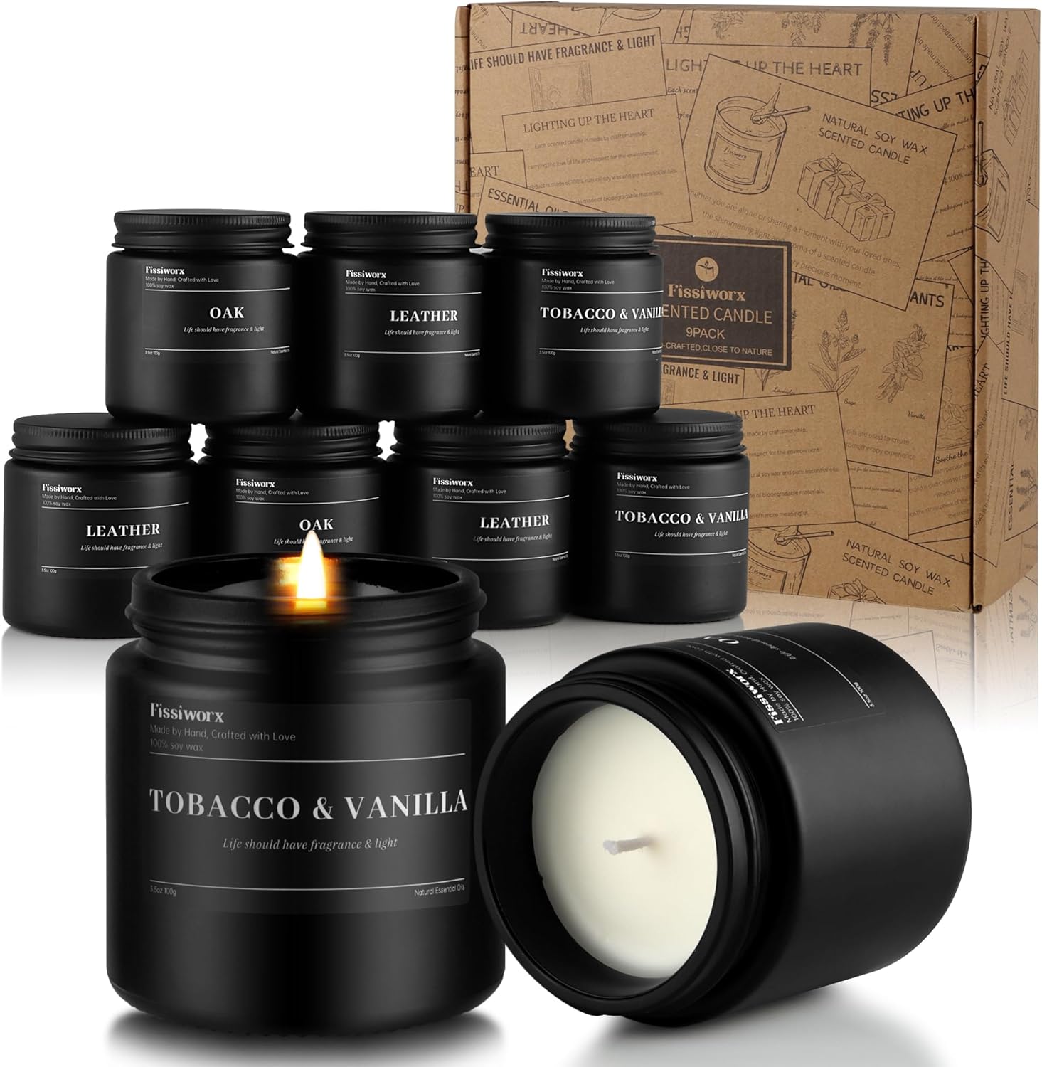 9 Pack Scented Candles for Men - Leather Vanilla Oak Set