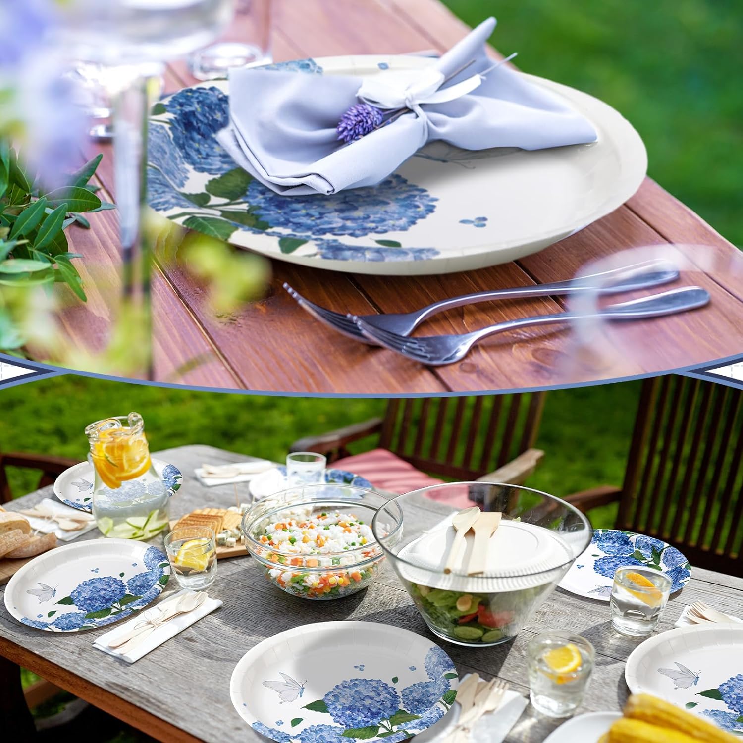 50 Pcs Blue Hydrangea Oval Paper Plates for Summer Parties