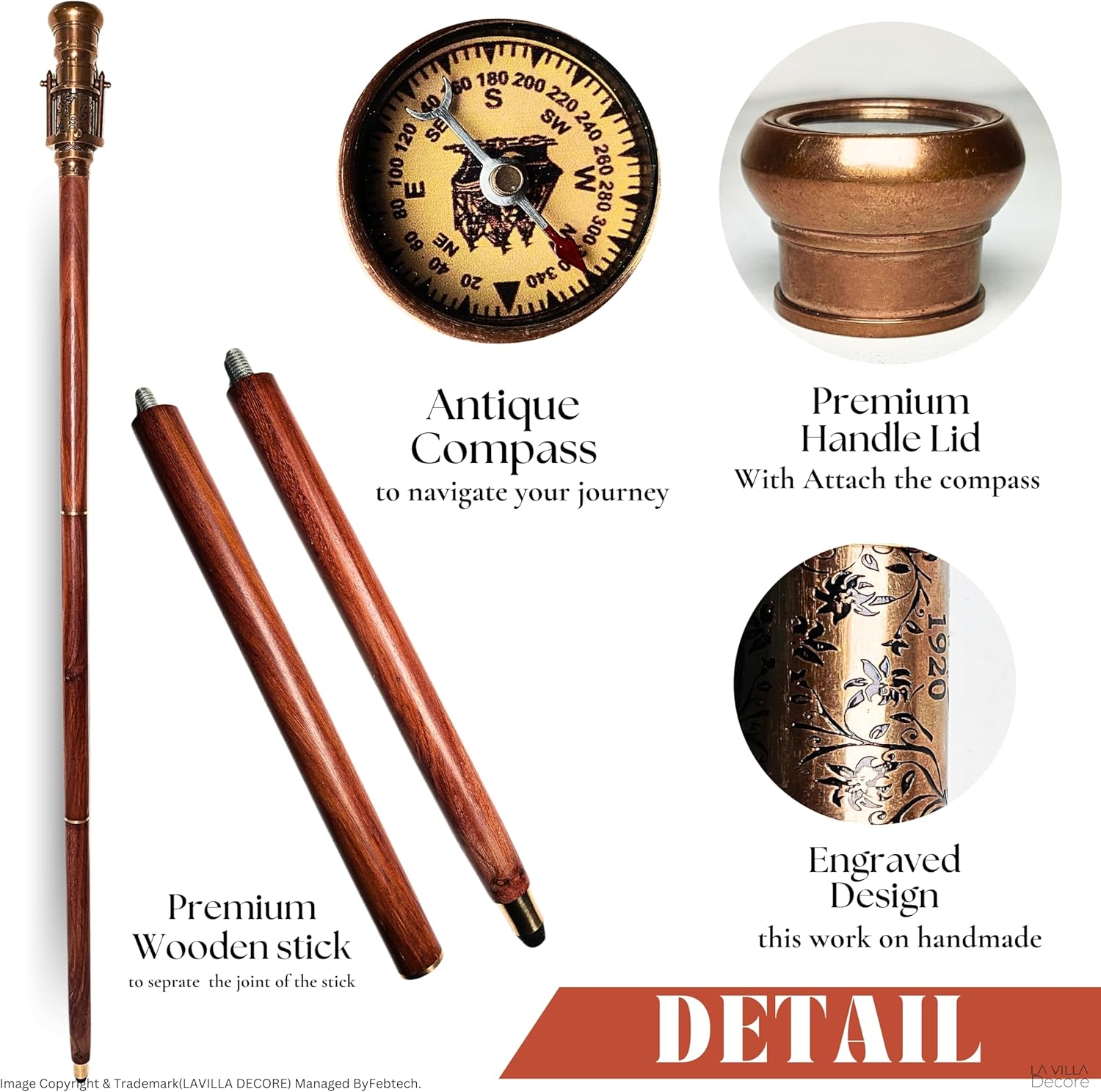 Antique Brass Telescope Walking Cane - Victorian Style Rosewood Steampunk Canes 38 Inches
